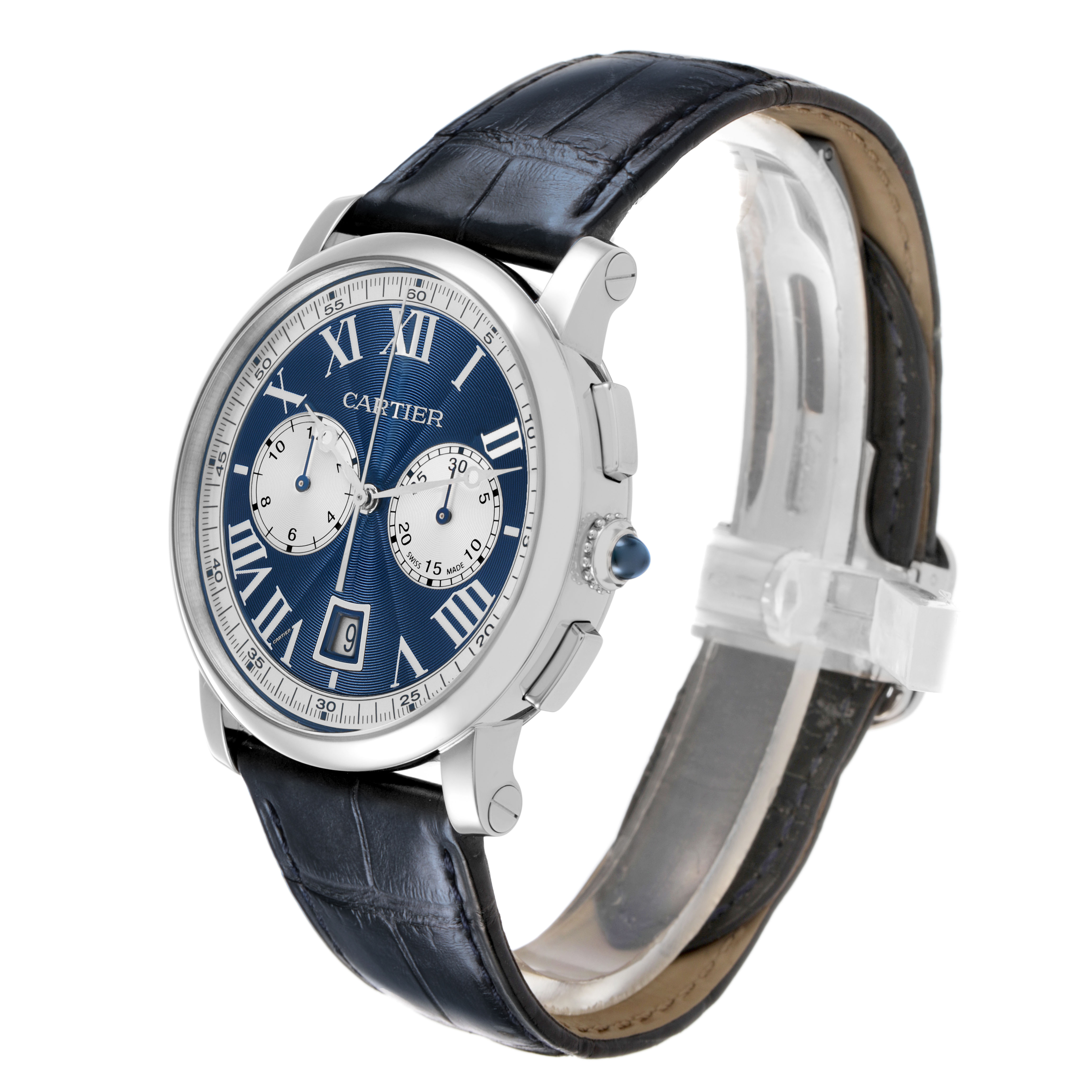 The Cartier Rotonde W1556239 Men's White Gold Blue Dial watch is shown at a slight side angle, displaying its face, crown, and strap.