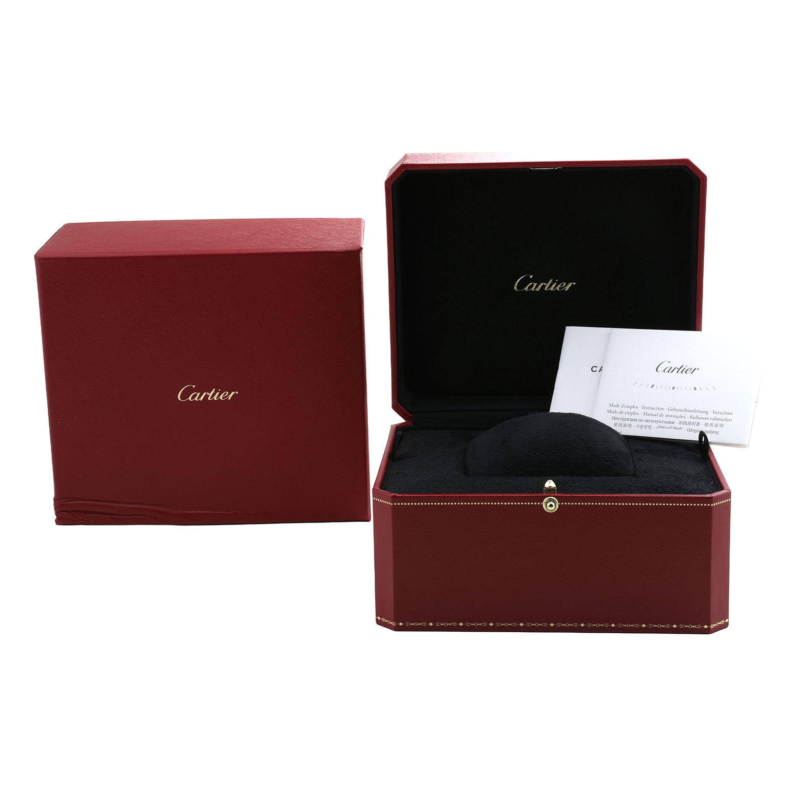 The image shows a Cartier Rotonde W1556239 Men's White Gold Blue Dial watch box and papers, with the box open to reveal its interior lining.