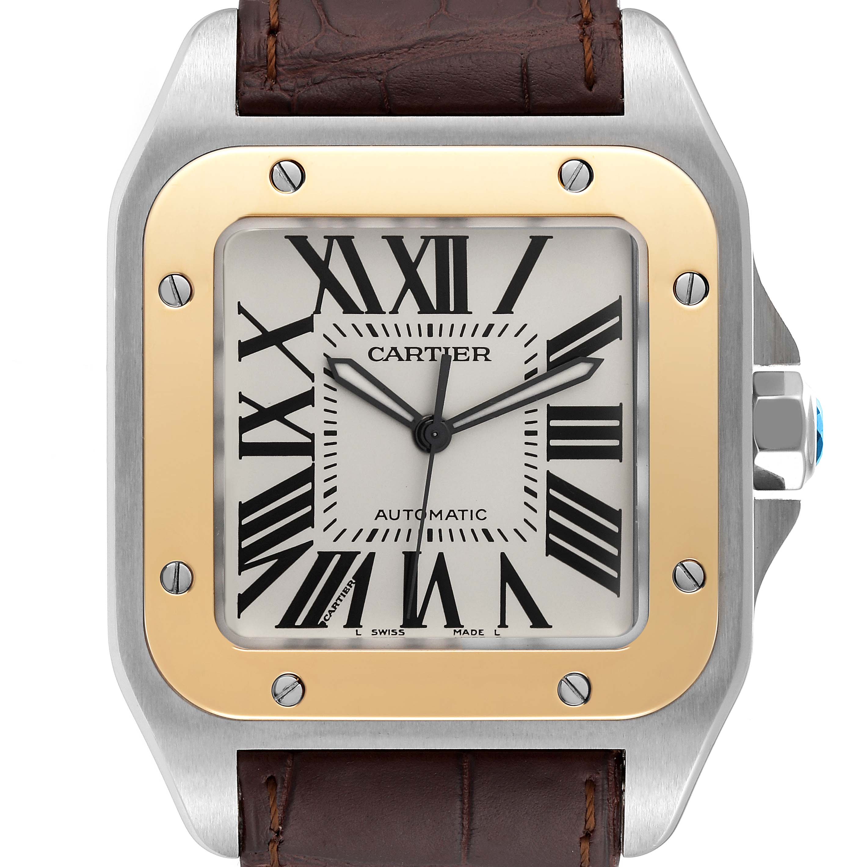 The image shows a close-up of the Cartier Santos W20072X7 Men
s Steel and Gold (two tone) Silver Dial W20072X7 Men
s Steel and Gold (two tone) Silver Dial watch face, bezel, crown, and part of the leather strap.
