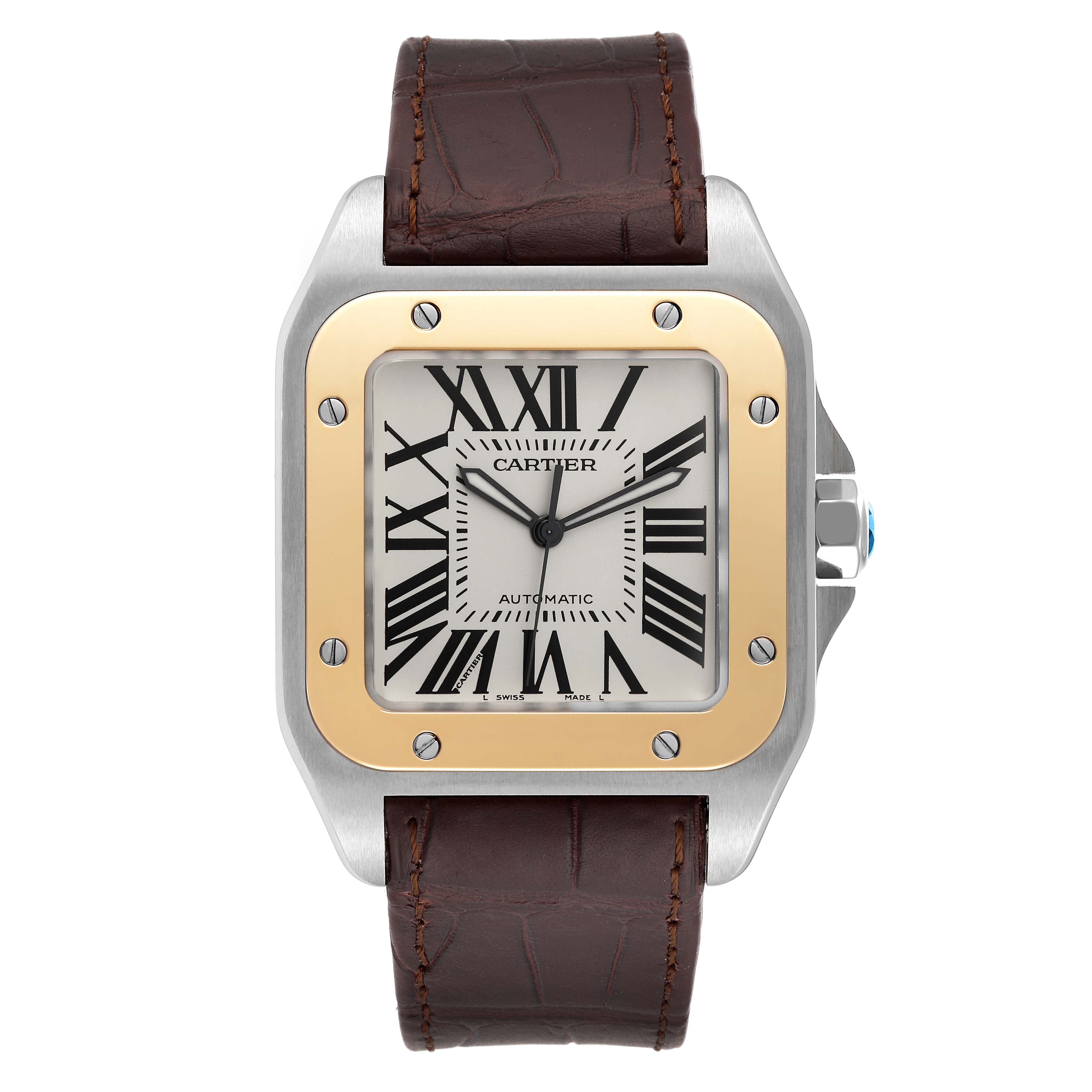 This image shows a front view of the Cartier Santos W20072X7 Men
s Steel and Gold (two tone) Silver Dial W20072X7 Men
s Steel and Gold (two tone) Silver Dial watch with a brown leather strap and a square face.