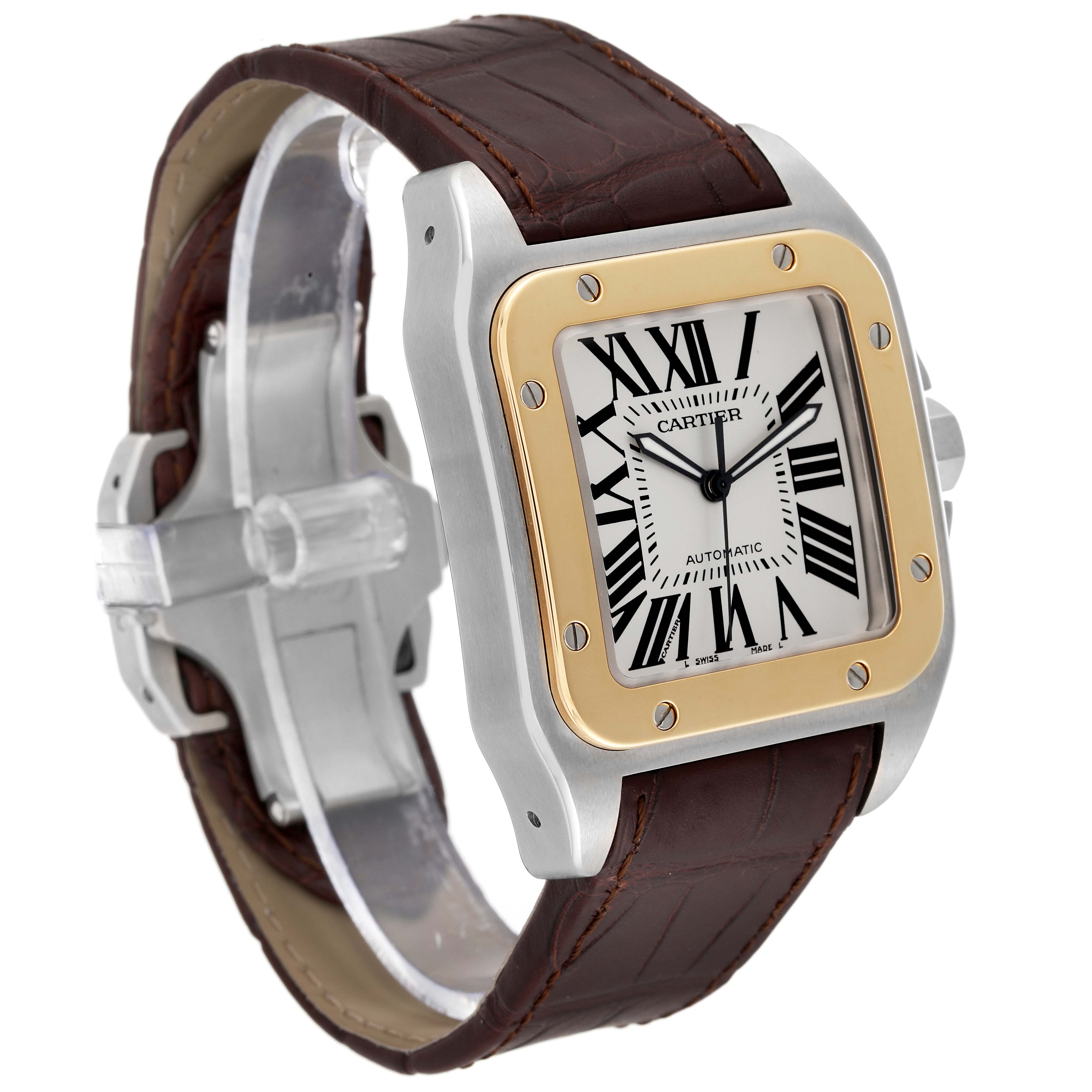 This image shows the face, case, and leather strap of the Cartier Santos W20072X7 Men
s Steel and Gold (two tone) Silver Dial W20072X7 Men
s Steel and Gold (two tone) Silver Dial model watch at an oblique angle.