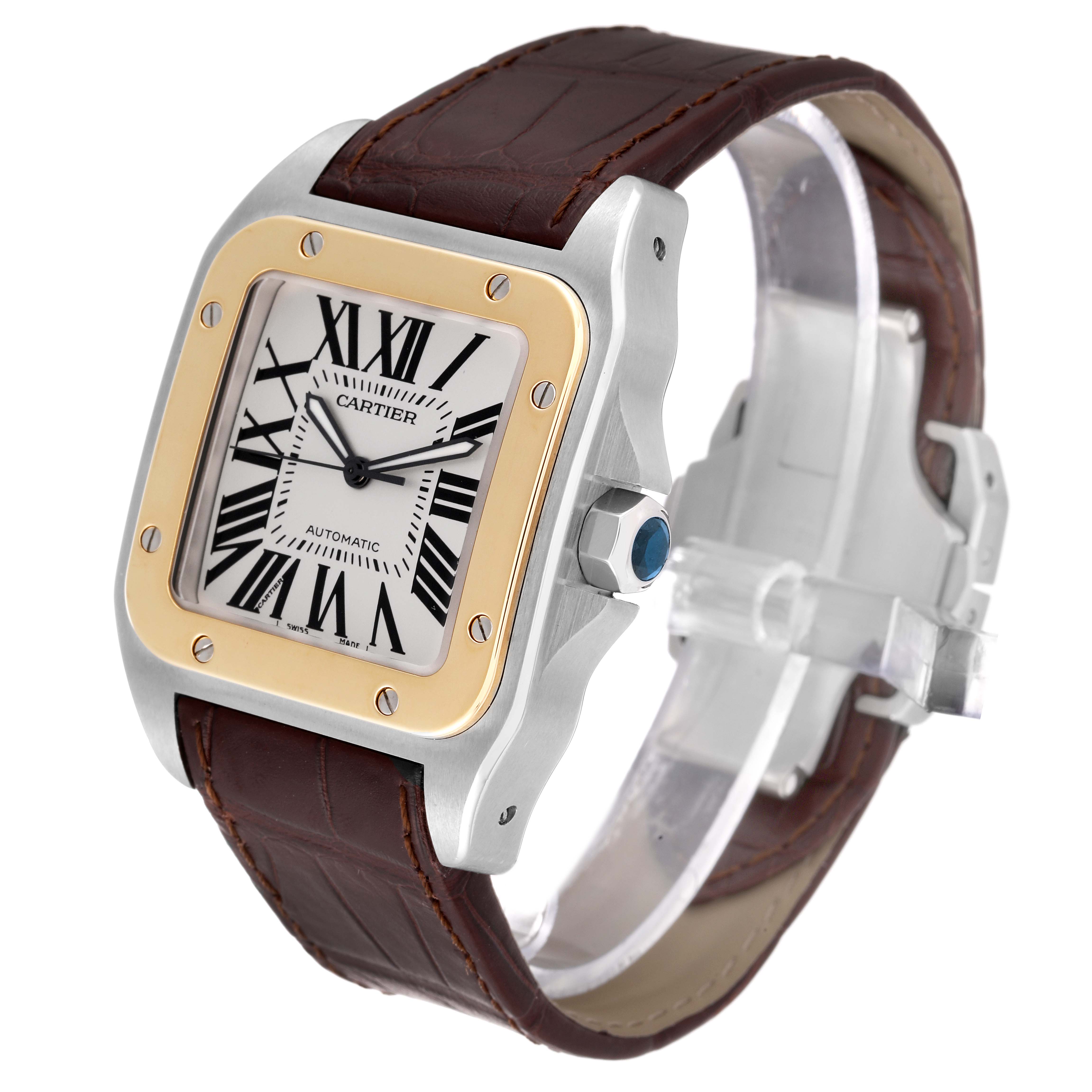 The Cartier Santos W20072X7 Men
s Steel and Gold (two tone) Silver Dial W20072X7 Men
s Steel and Gold (two tone) Silver Dial model watch is shown at a slight side angle, highlighting the brown leather strap, square face, and metal bezel.