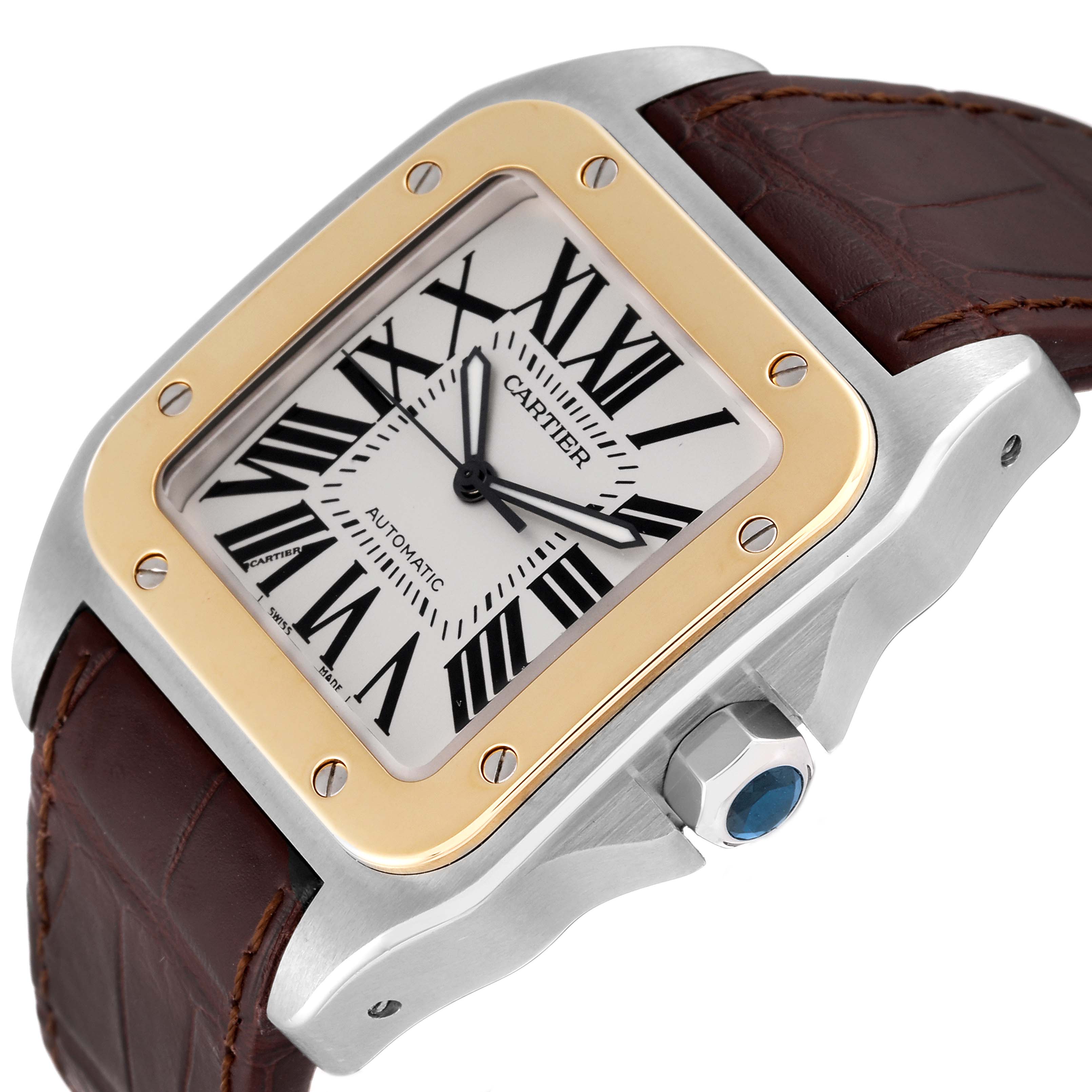 The Cartier Santos W20072X7 Men
s Steel and Gold (two tone) Silver Dial W20072X7 Men
s Steel and Gold (two tone) Silver Dial watch is shown at a slight angle, displaying the face, crown, bezel, and leather strap.