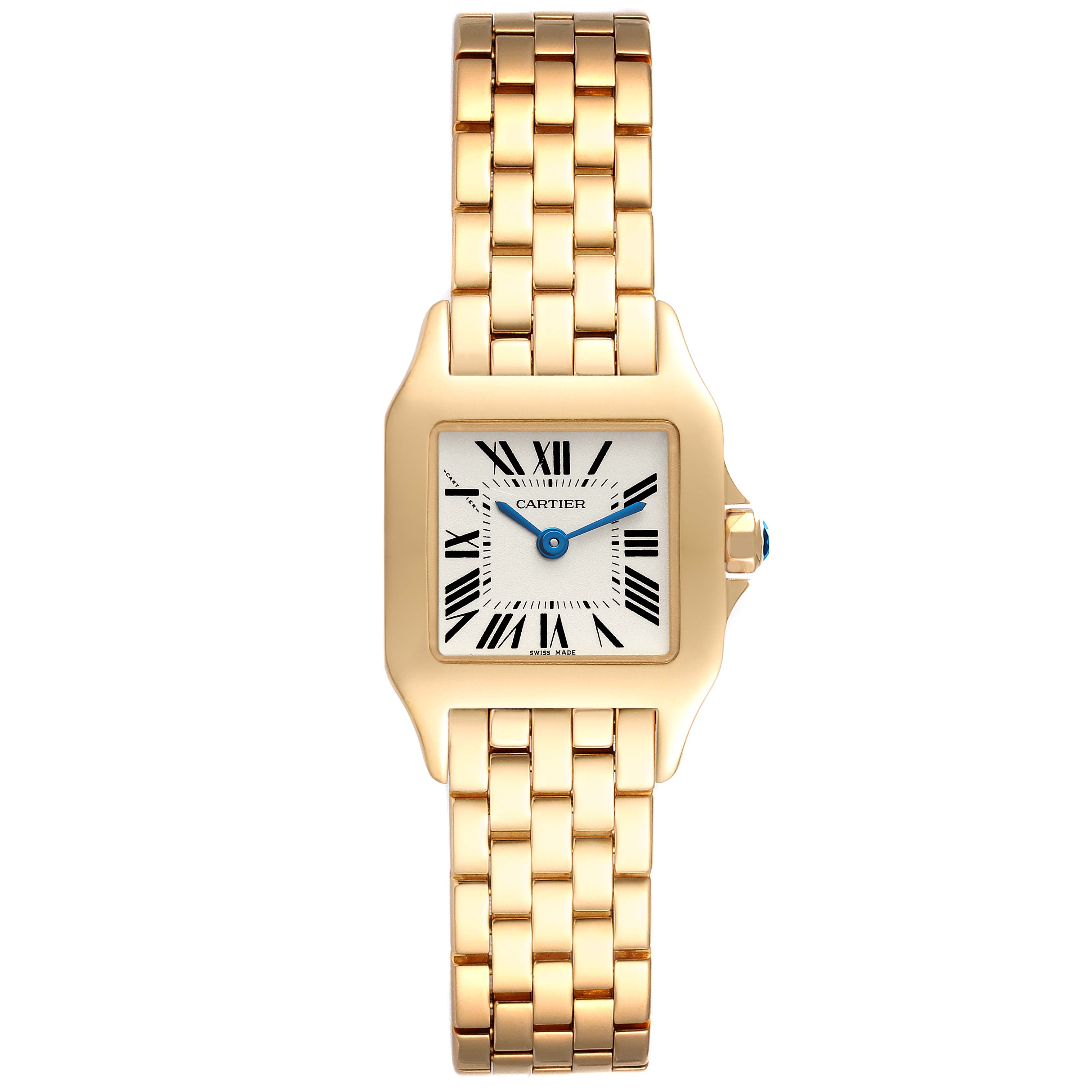 The Cartier Santos Demoiselle W25063X9 Women's Yellow Gold Silver Dial W25063X9 Women's Yellow Gold Silver Dial watch is shown from a front angle displaying the face and gold bracelet.