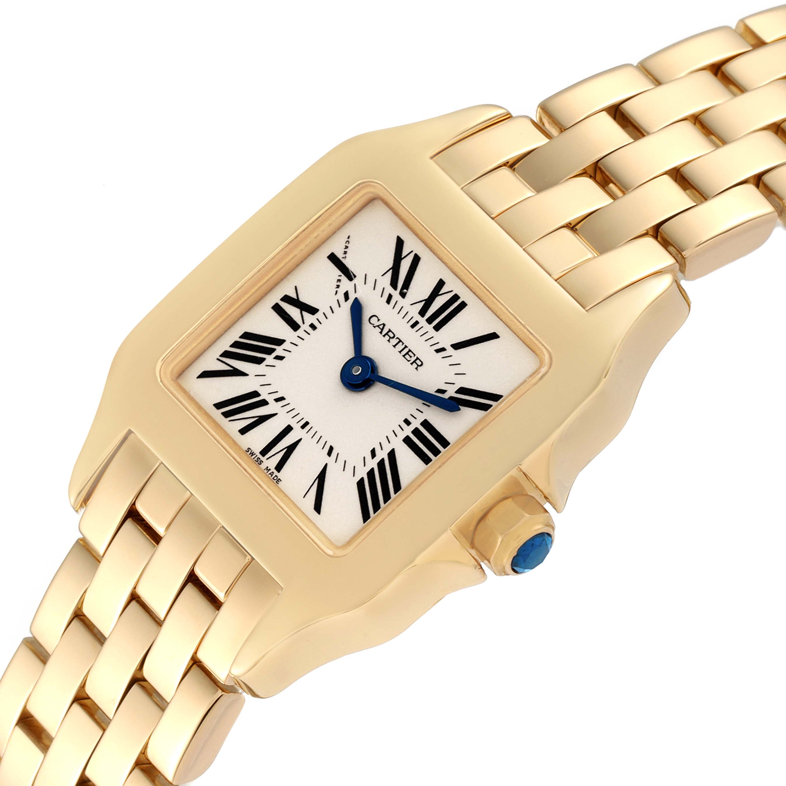 This Cartier Santos Demoiselle W25063X9 Women's Yellow Gold Silver Dial W25063X9 Women's Yellow Gold Silver Dial watch is shown at a slight angle, highlighting the gold case, dial, crown with a blue gem, and part of the bracelet.