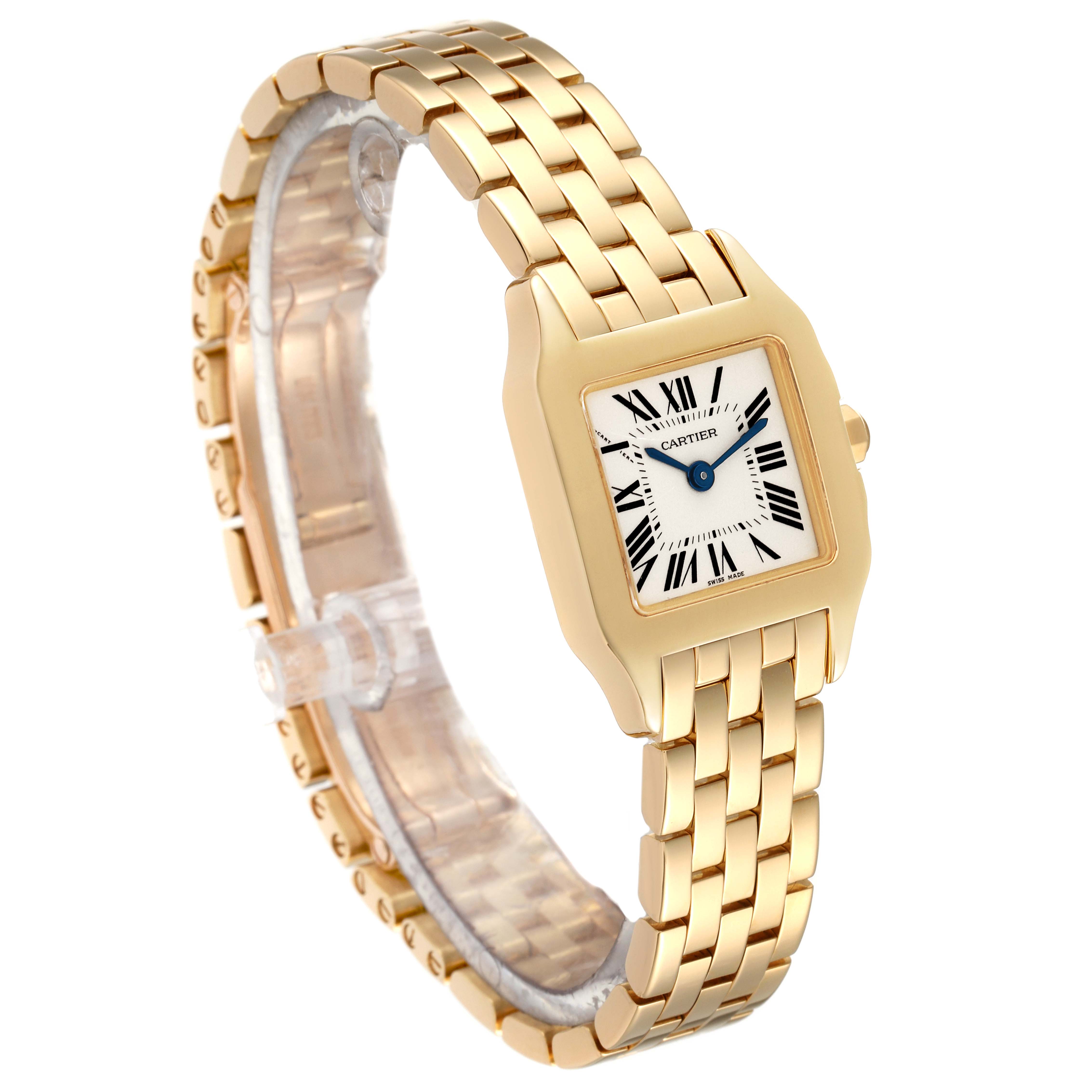 The Cartier Santos Demoiselle W25063X9 Women's Yellow Gold Silver Dial W25063X9 Women's Yellow Gold Silver Dial watch is shown from an angled side view, displaying the face, bezel, and bracelet.