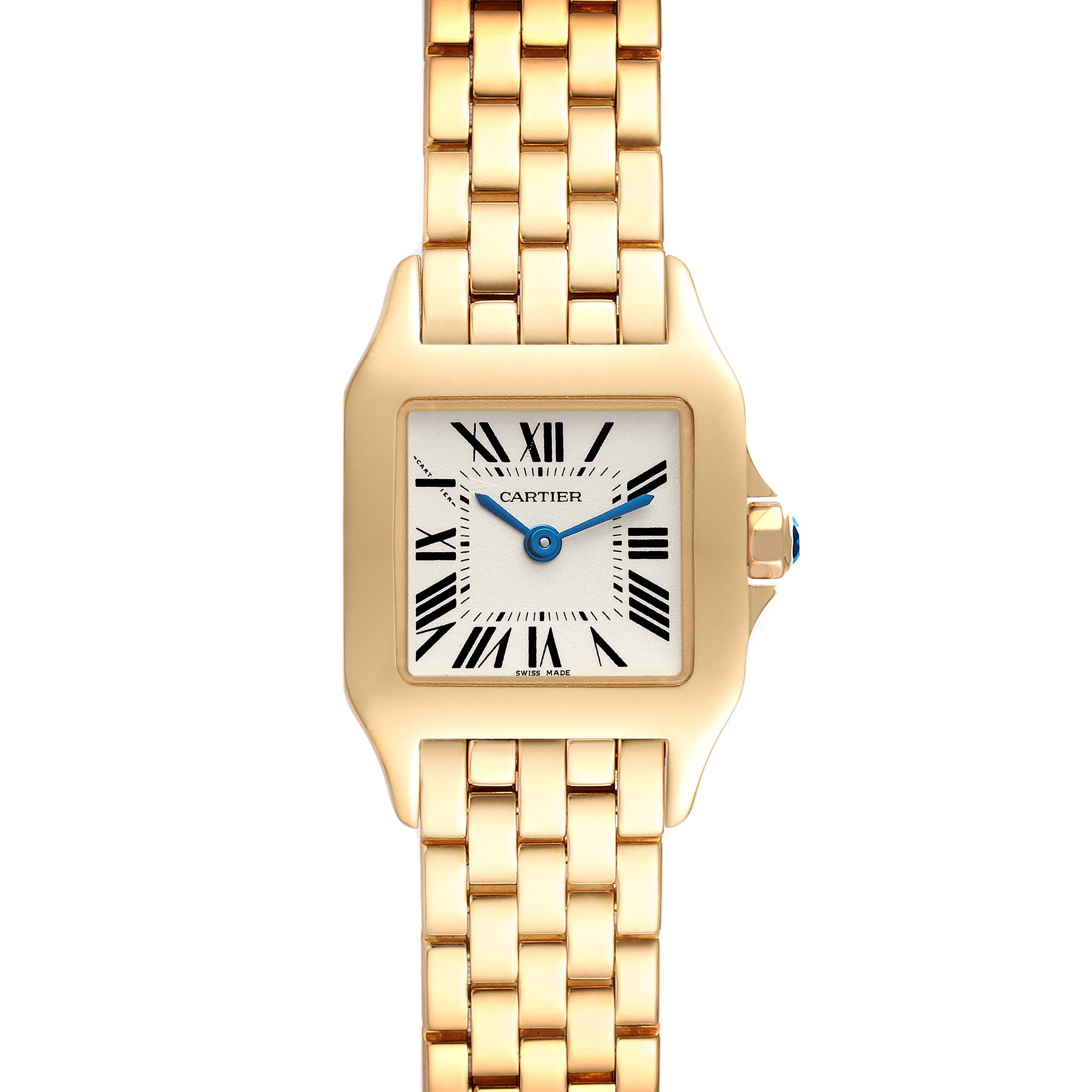 The image shows a straight-on view of the Cartier Santos Demoiselle W25063X9 Women's Yellow Gold Silver Dial W25063X9 Women's Yellow Gold Silver Dial watch, highlighting its gold bracelet, square dial, and blue hands.