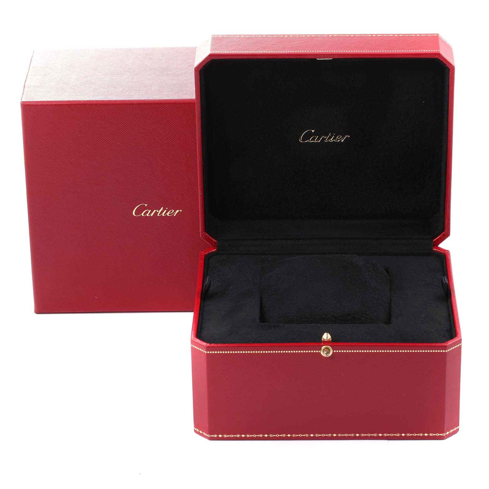 The image shows an open, empty Cartier watch box designed for the Santos Demoiselle model, with the outer red box beside it.
