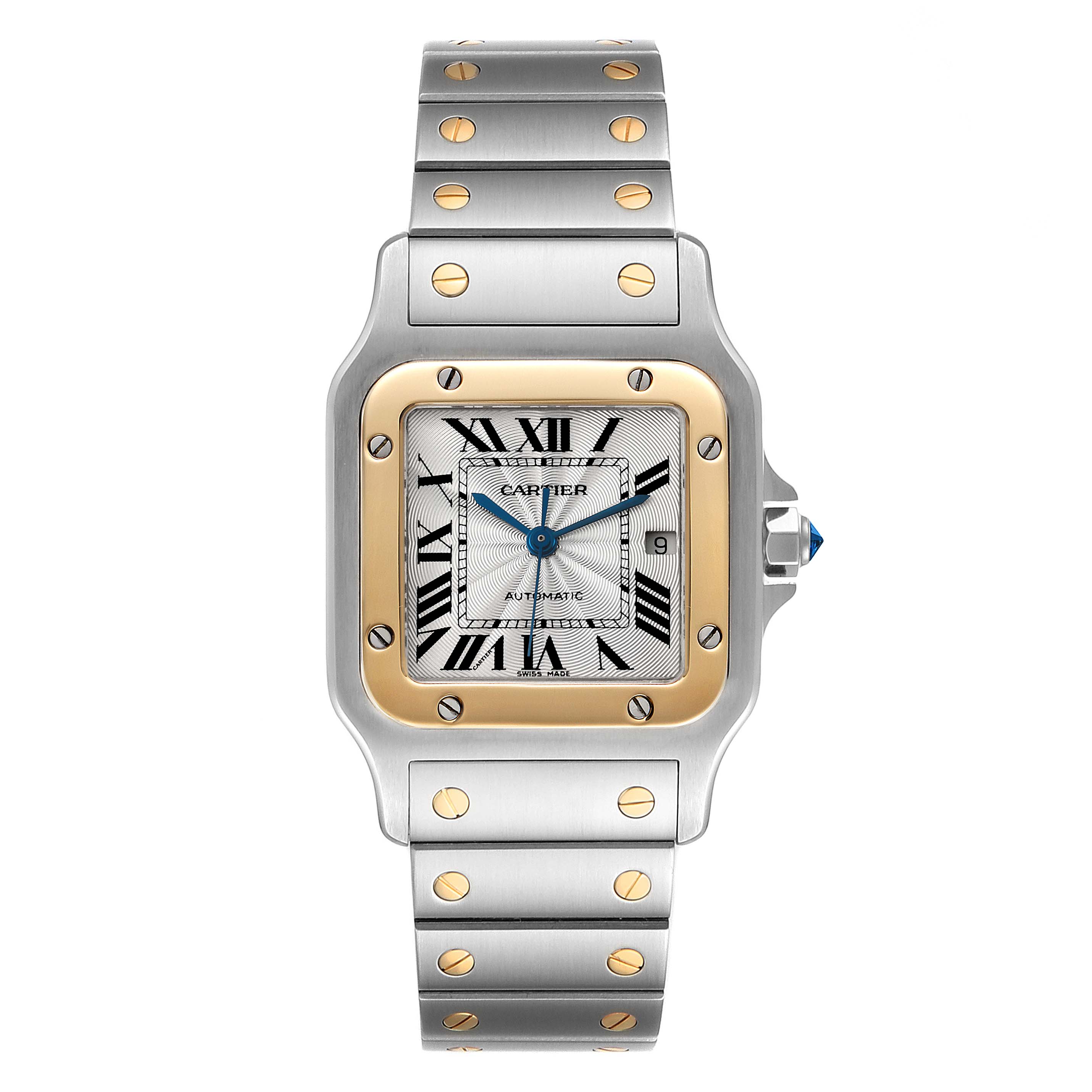 The image shows a front view of the Cartier Santos W20058C4 Men
s Steel and Gold (two tone) Silver Dial W20058C4 Men
s Steel and Gold (two tone) Silver Dial watch, highlighting the dial, bezel, bracelet, and crown.
