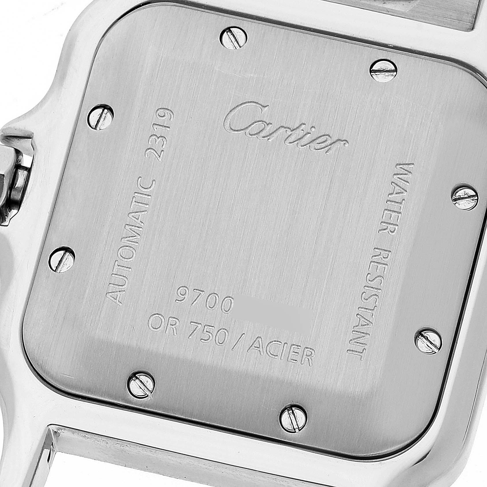 The image shows the back case of the Santos model by Cartier, including the brand name, model number, and specifications.