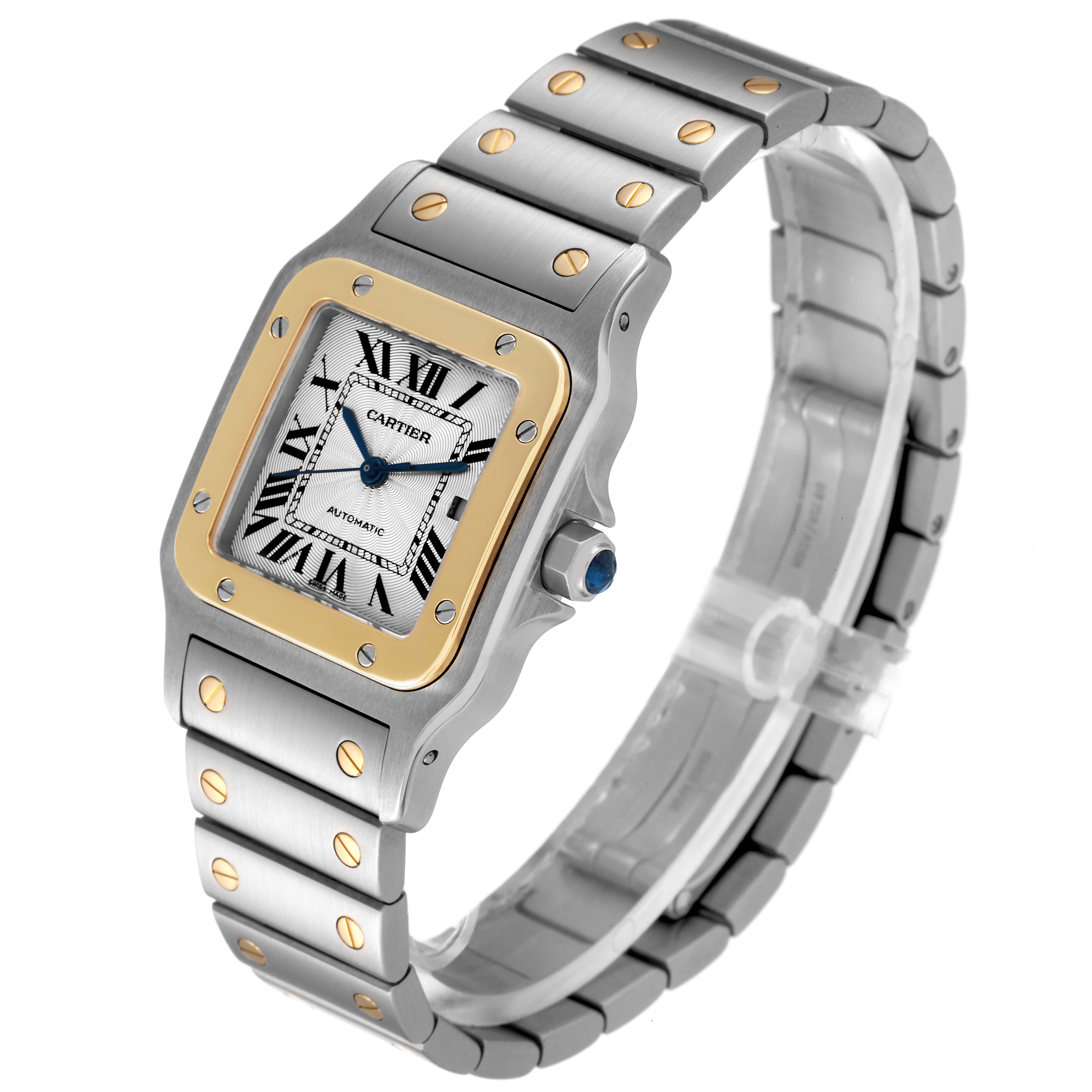 The image shows a Cartier Santos W20058C4 Men
s Steel and Gold (two tone) Silver Dial W20058C4 Men
s Steel and Gold (two tone) Silver Dial watch angled from the front-left, highlighting its face and bracelet.