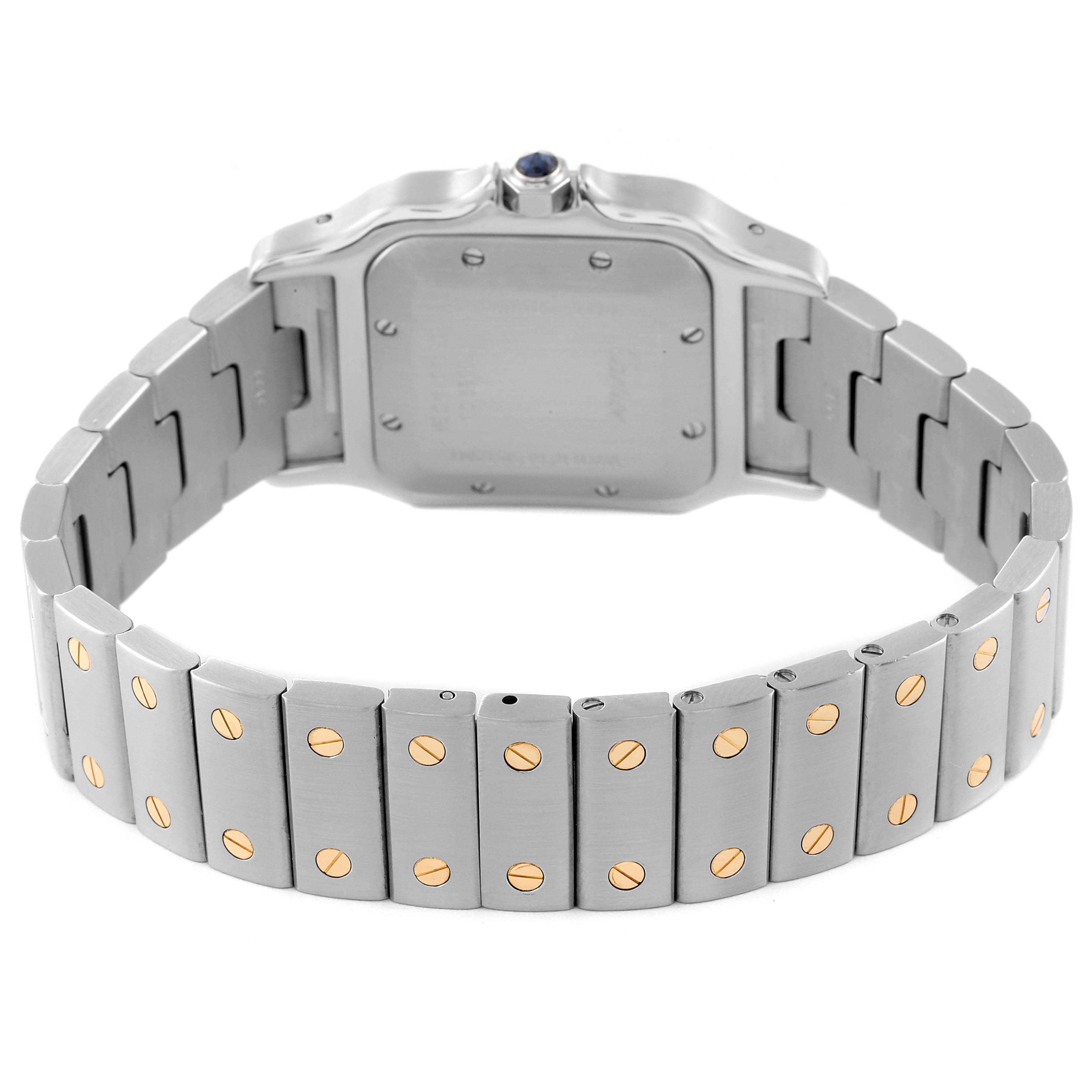 This image shows the back case and stainless steel bracelet of a Cartier Santos W20058C4 Men
s Steel and Gold (two tone) Silver Dial W20058C4 Men
s Steel and Gold (two tone) Silver Dial model watch.