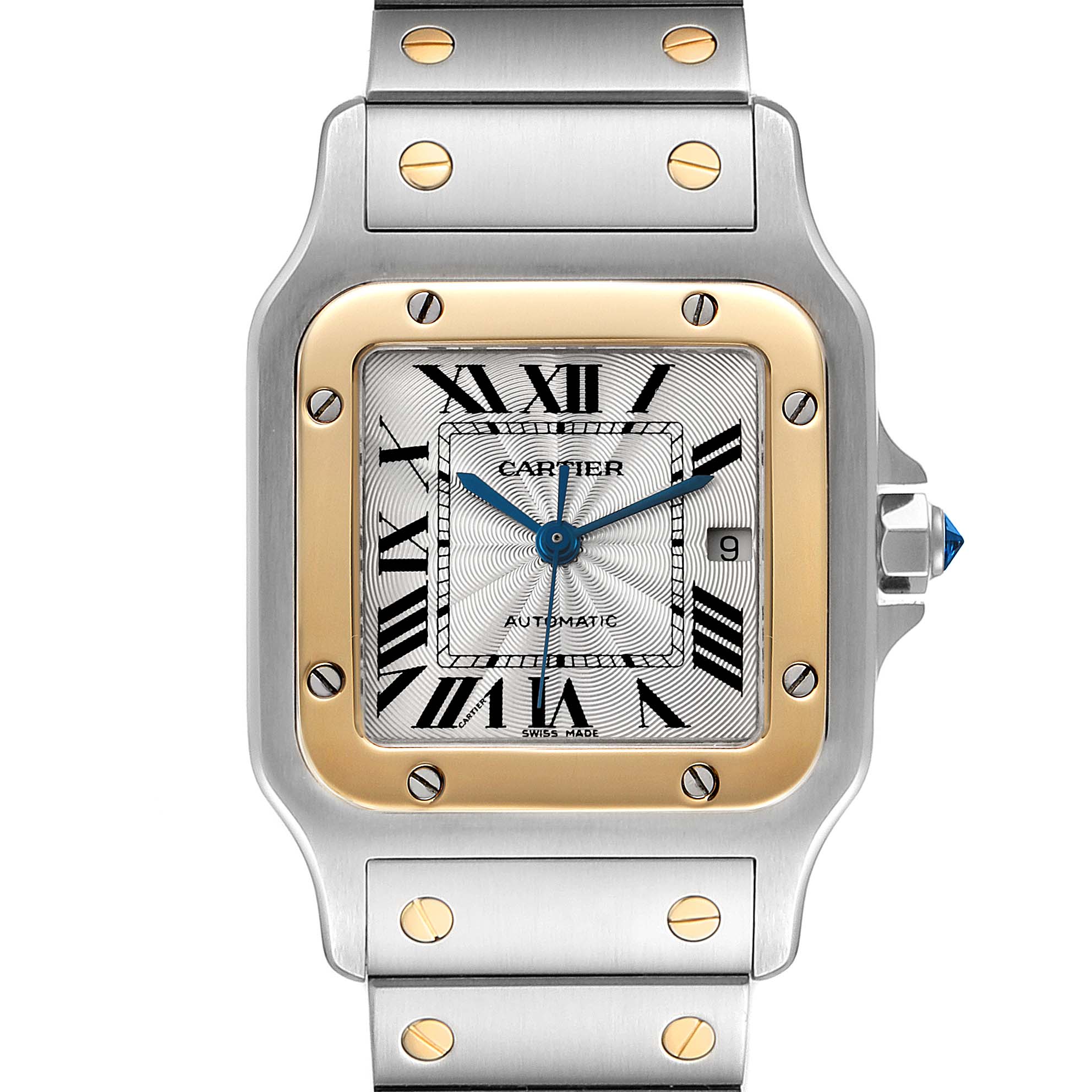 This is a close-up of the Cartier Santos W20058C4 Men
s Steel and Gold (two tone) Silver Dial W20058C4 Men
s Steel and Gold (two tone) Silver Dial watch face and partial bracelet, showing the bezel, screws, crown, and Roman numerals.
