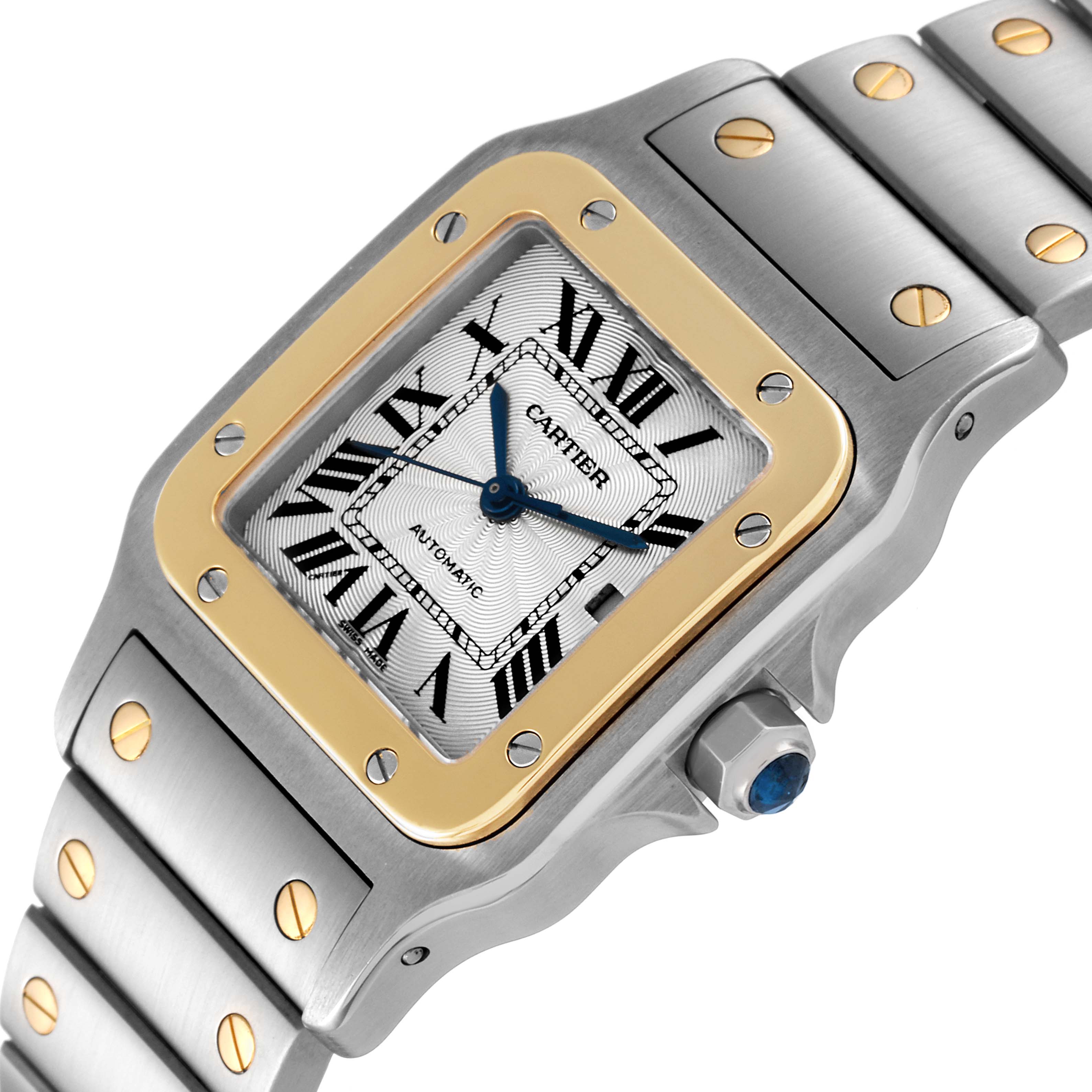 This image shows a close-up view of the Cartier Santos W20058C4 Men
s Steel and Gold (two tone) Silver Dial W20058C4 Men
s Steel and Gold (two tone) Silver Dial watch
s face and part of its bracelet.