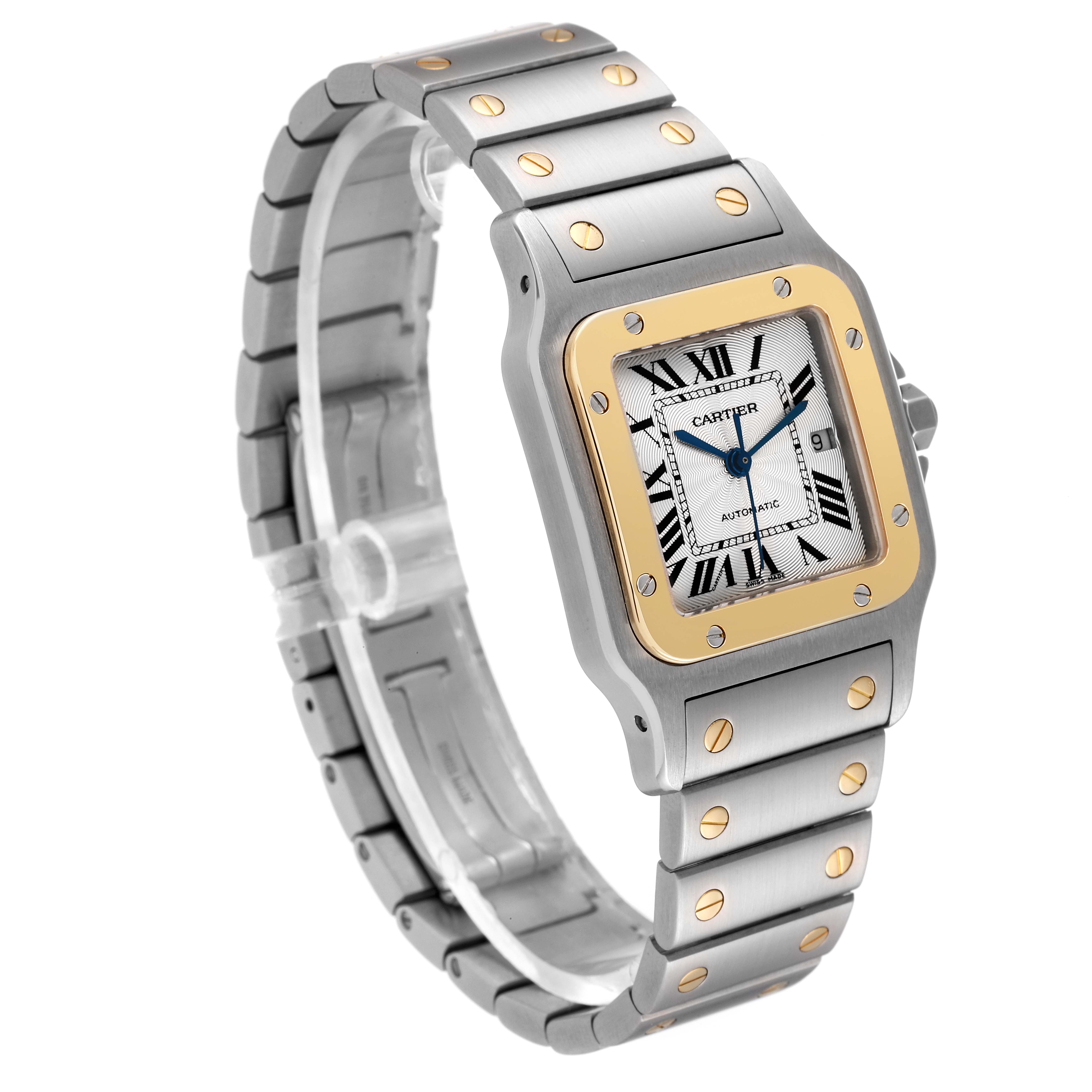 The Cartier Santos W20058C4 Men
s Steel and Gold (two tone) Silver Dial W20058C4 Men
s Steel and Gold (two tone) Silver Dial watch is shown at a three-quarter angle, highlighting the face, bezel, and metal bracelet.