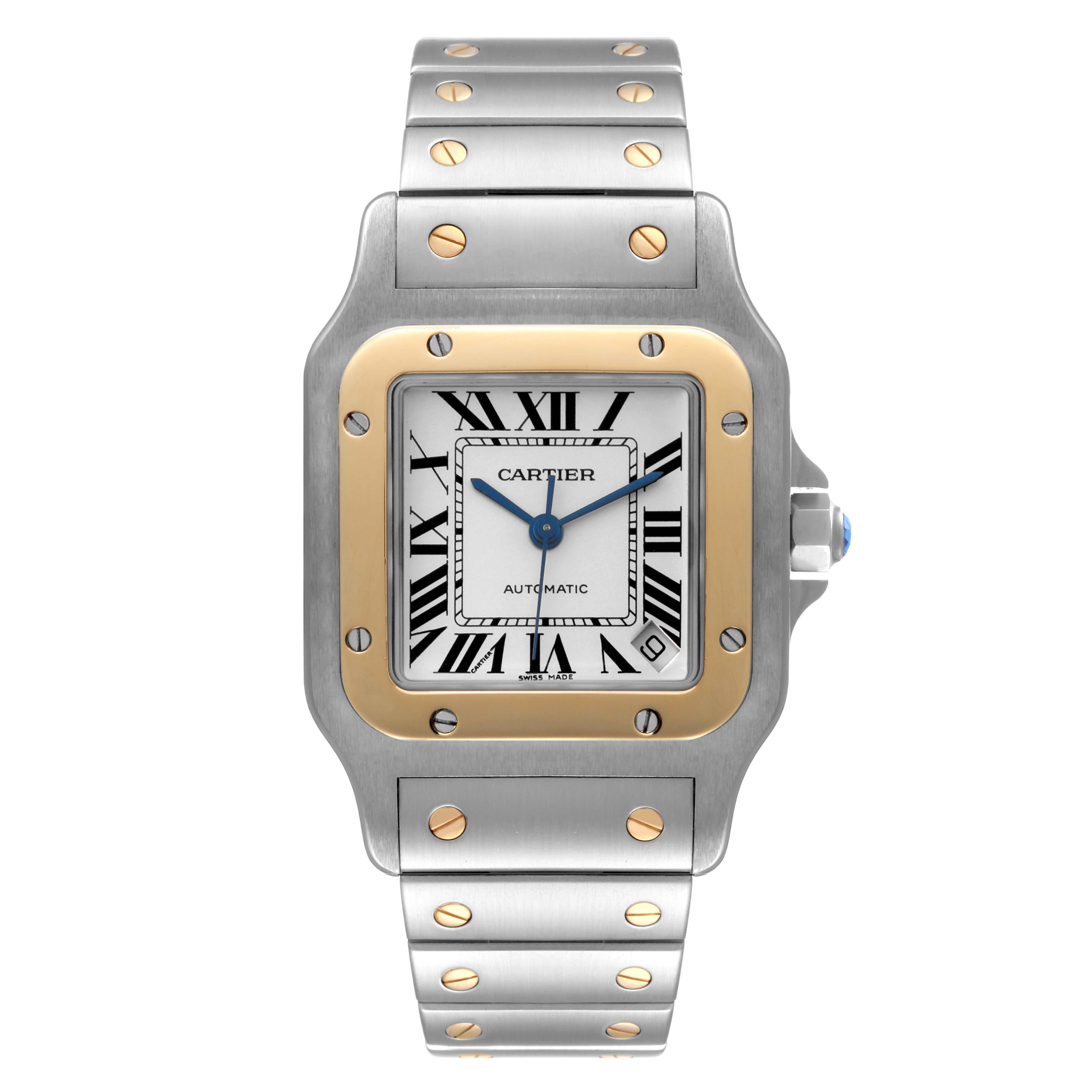 The image shows a front view of a Cartier Santos W20099C4 Men
s Steel and Gold (two tone) Silver Dial W20099C4 Men
s Steel and Gold (two tone) Silver Dial watch, featuring its face, bezel, and bracelet.