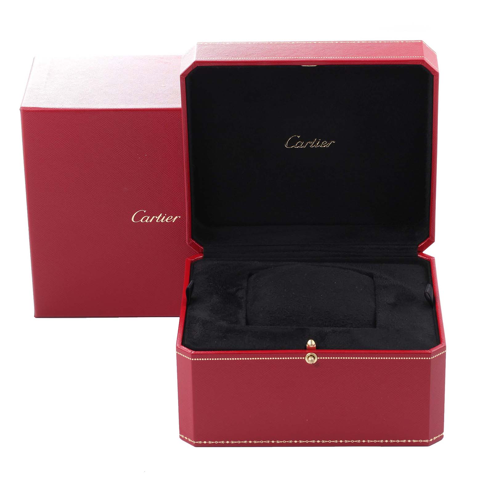 The image shows an open red Cartier watch box designed for the Santos model, displaying the interior and exterior.