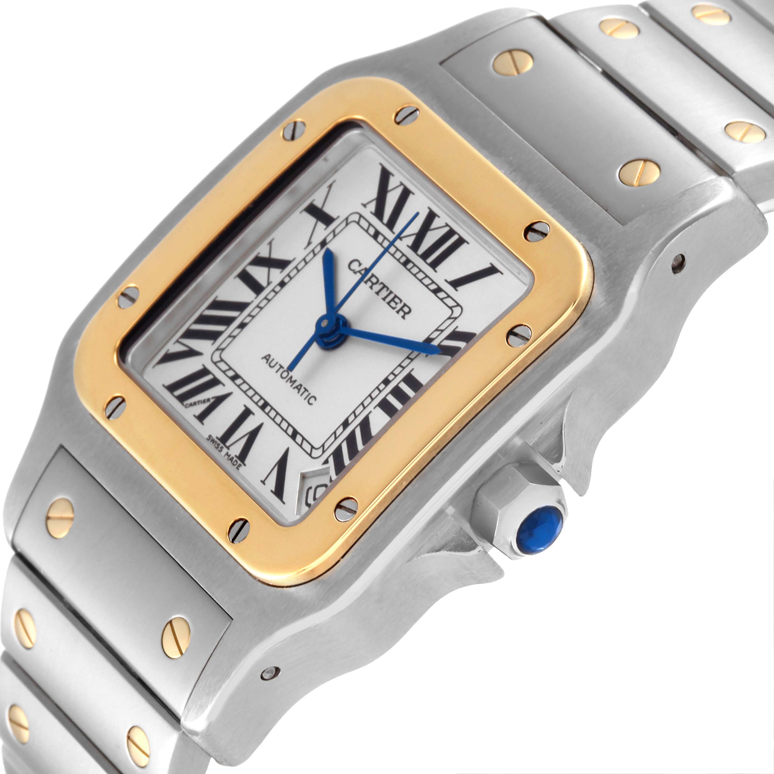 This image shows a partial side view of a Cartier Santos W20099C4 Men
s Steel and Gold (two tone) Silver Dial W20099C4 Men
s Steel and Gold (two tone) Silver Dial model watch, including the dial, bezel, and bracelet.