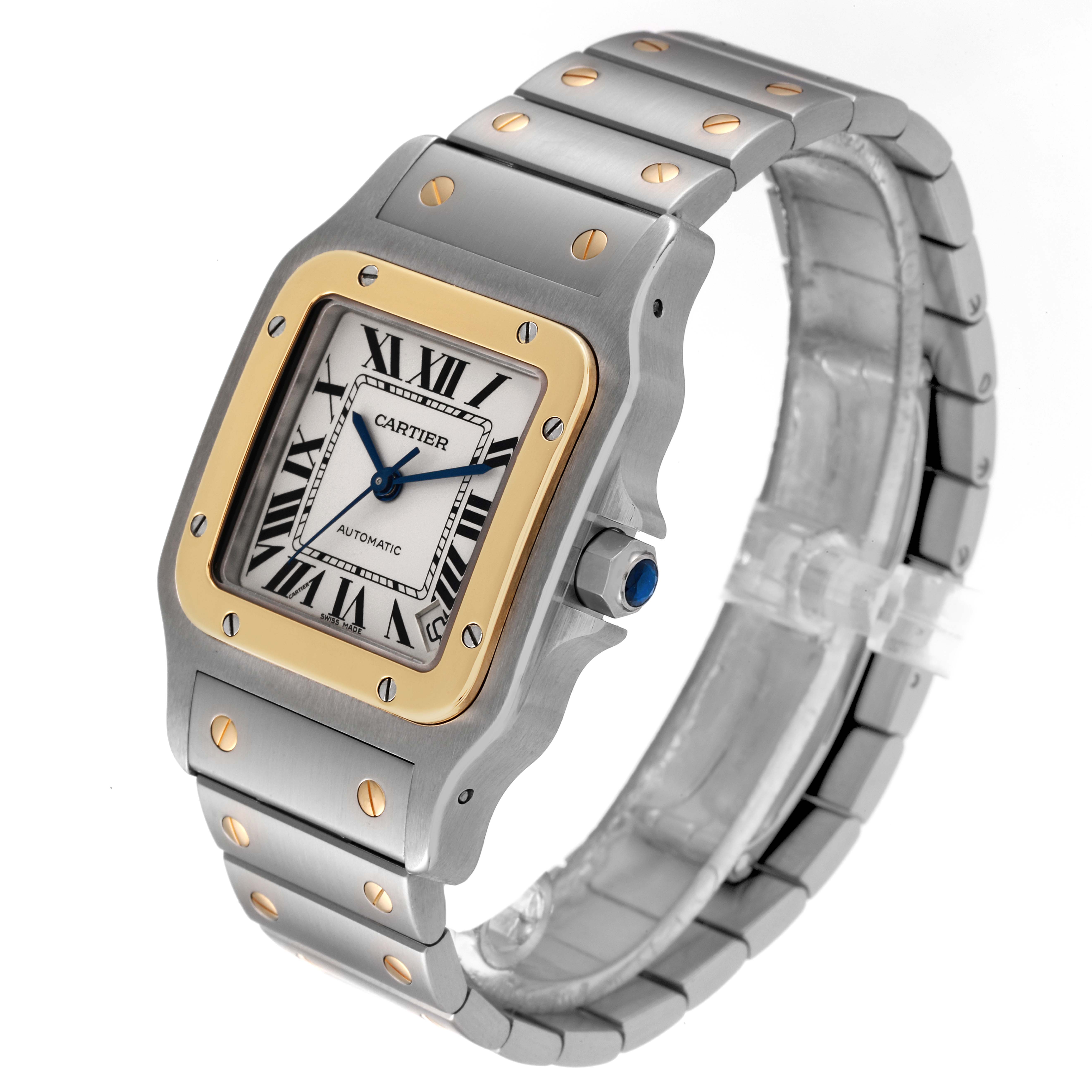 The Cartier Santos W20099C4 Men's Steel and Gold (two tone) Silver Dial W20099C4 Men's Steel and Gold (two tone) Silver Dial watch is shown at a three-quarter angle, displaying its face, bezel, and bracelet.