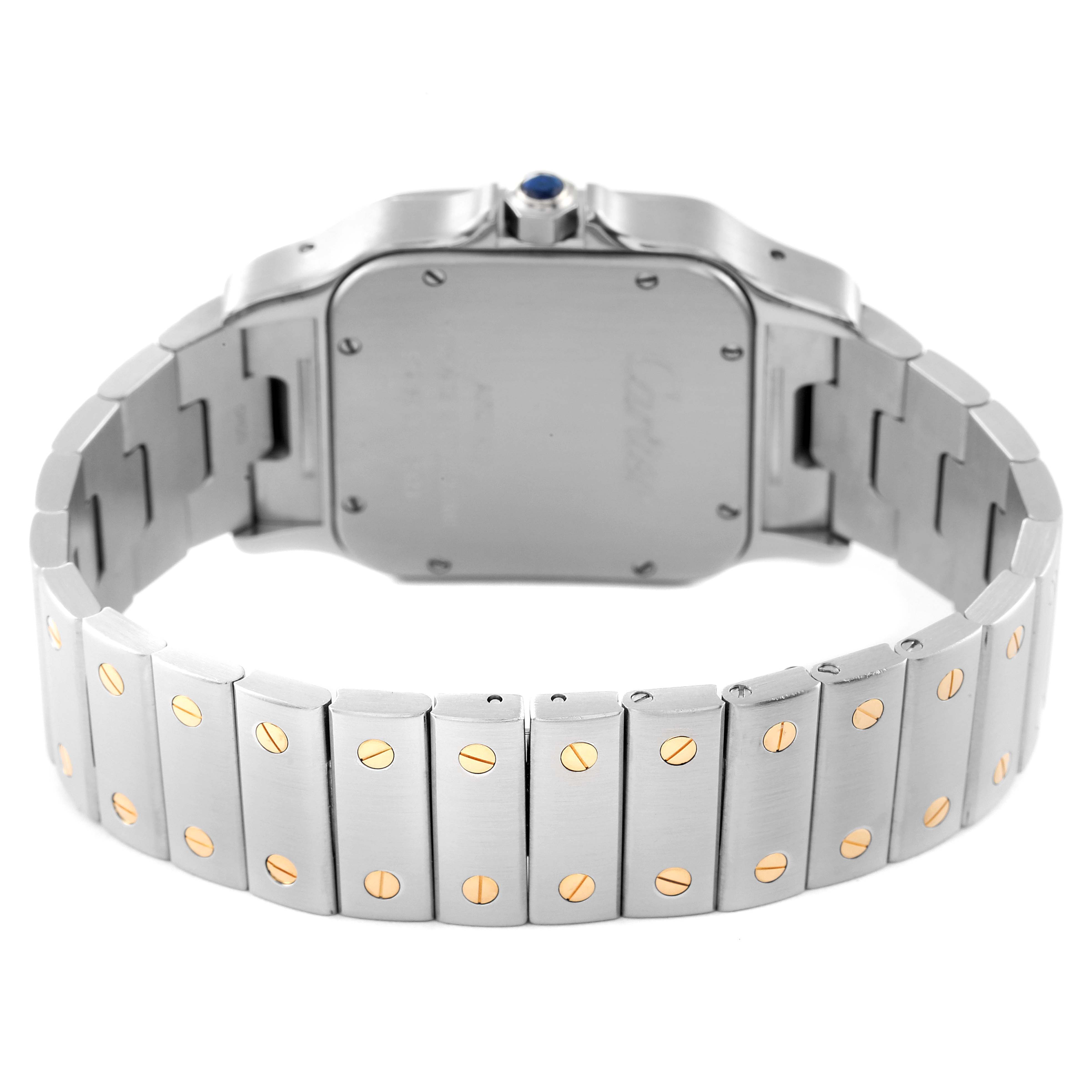 The image shows the back view of a Santos model by Cartier, focusing on the case and bracelet.