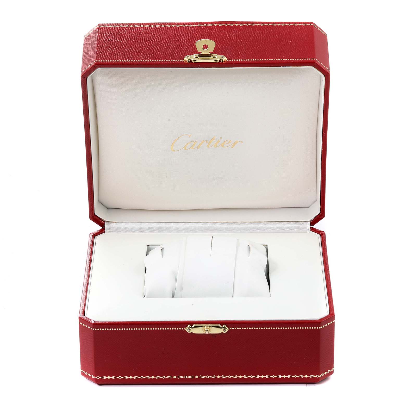 The image shows an open red Cartier box for the Santos model watch, displaying the slots for holding the watch securely.