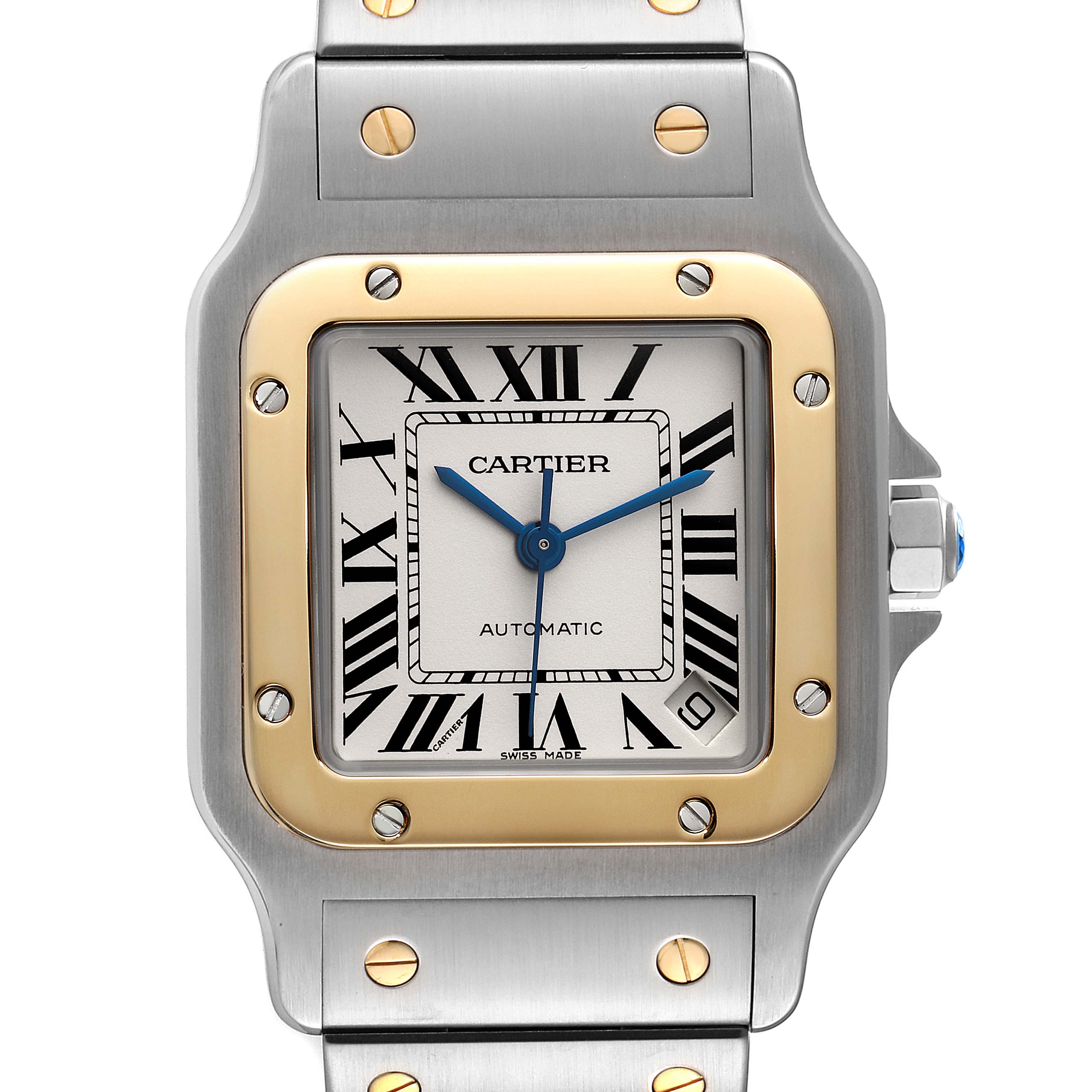 The image shows a close-up, front view of the Cartier Santos W20099C4 Men's Steel and Gold (two tone) Silver Dial W20099C4 Men's Steel and Gold (two tone) Silver Dial watch face and part of the bracelet.