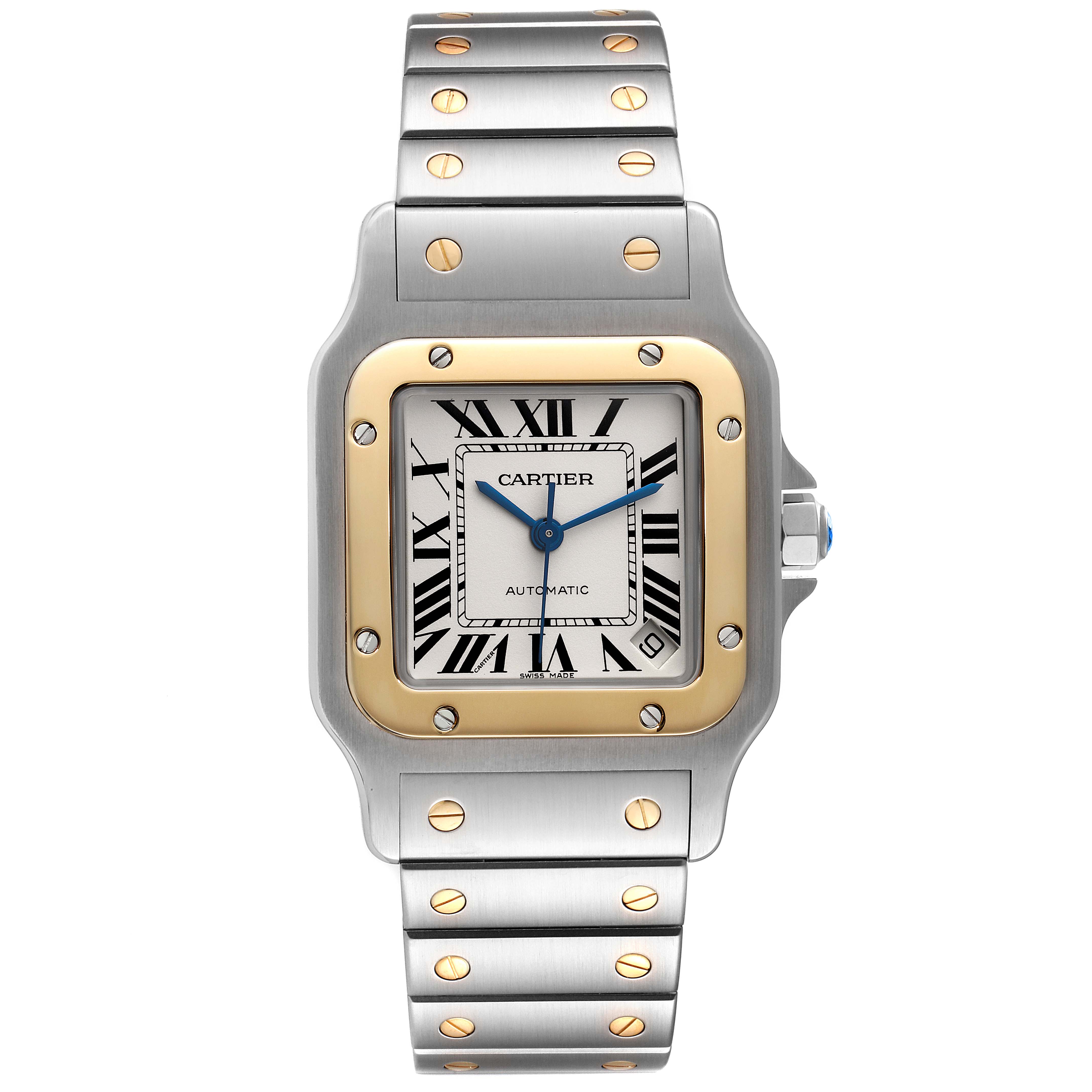 The image shows a front view of the Cartier Santos W20099C4 Men's Steel and Gold (two tone) Silver Dial W20099C4 Men's Steel and Gold (two tone) Silver Dial watch, highlighting its dial, bezel, and bracelet.