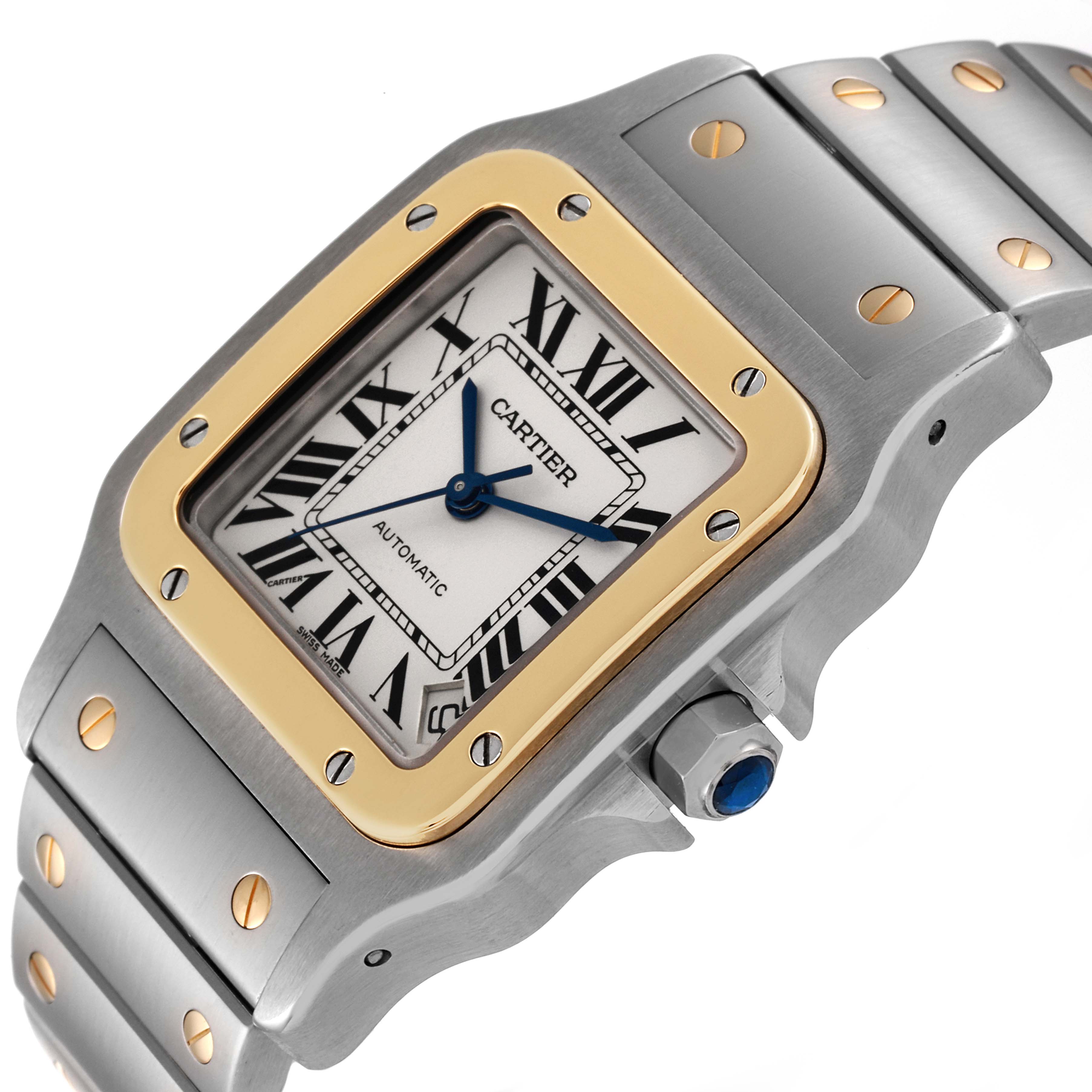This image shows a close-up of the Cartier Santos W20099C4 Men's Steel and Gold (two tone) Silver Dial W20099C4 Men's Steel and Gold (two tone) Silver Dial watch, displaying the face, bezel, crown, and part of the bracelet.