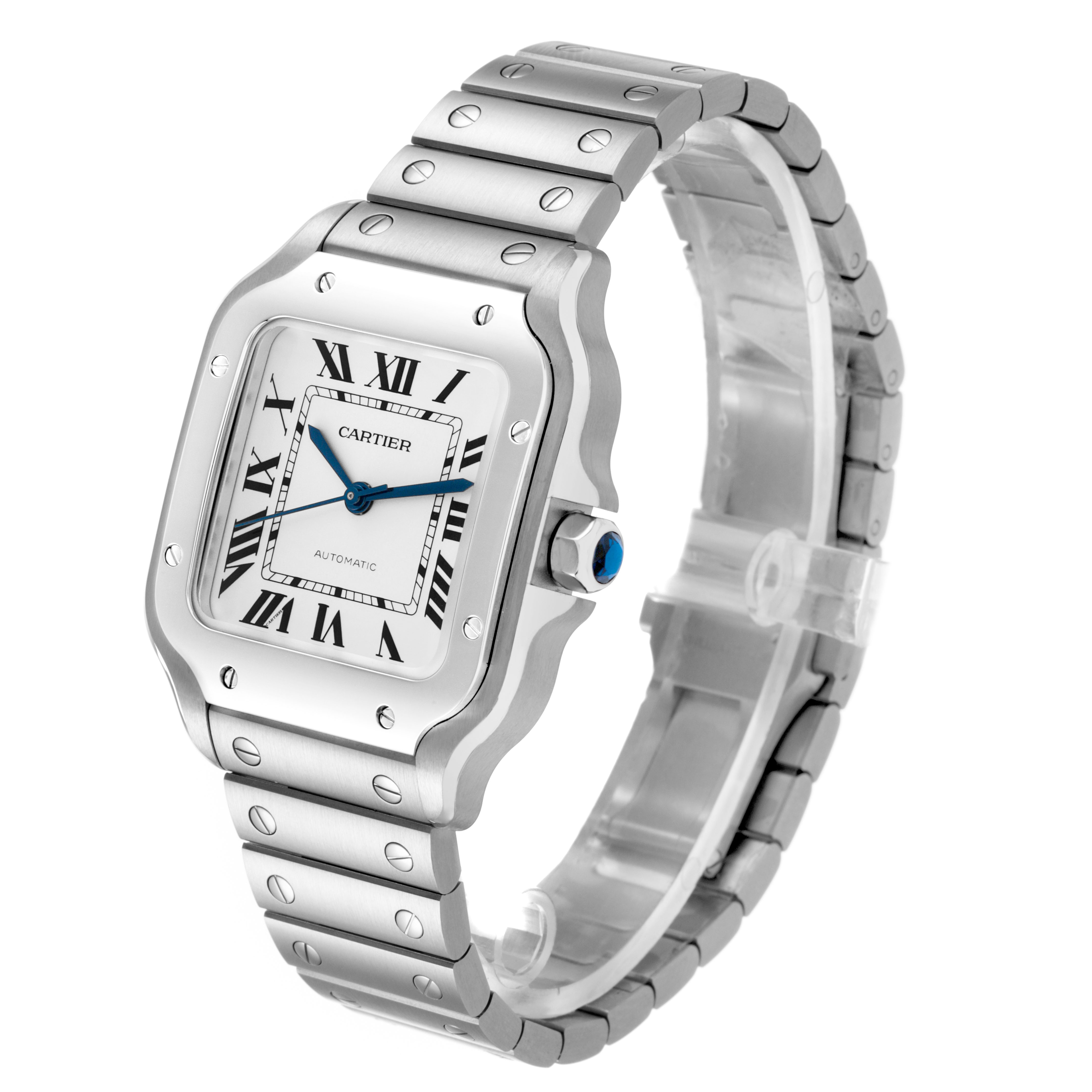 The Cartier Santos WSSA0029 Men's Stainless Steel Silver Dial watch is shown at a three-quarter angle, highlighting the face, bezel, crown, and metal bracelet.