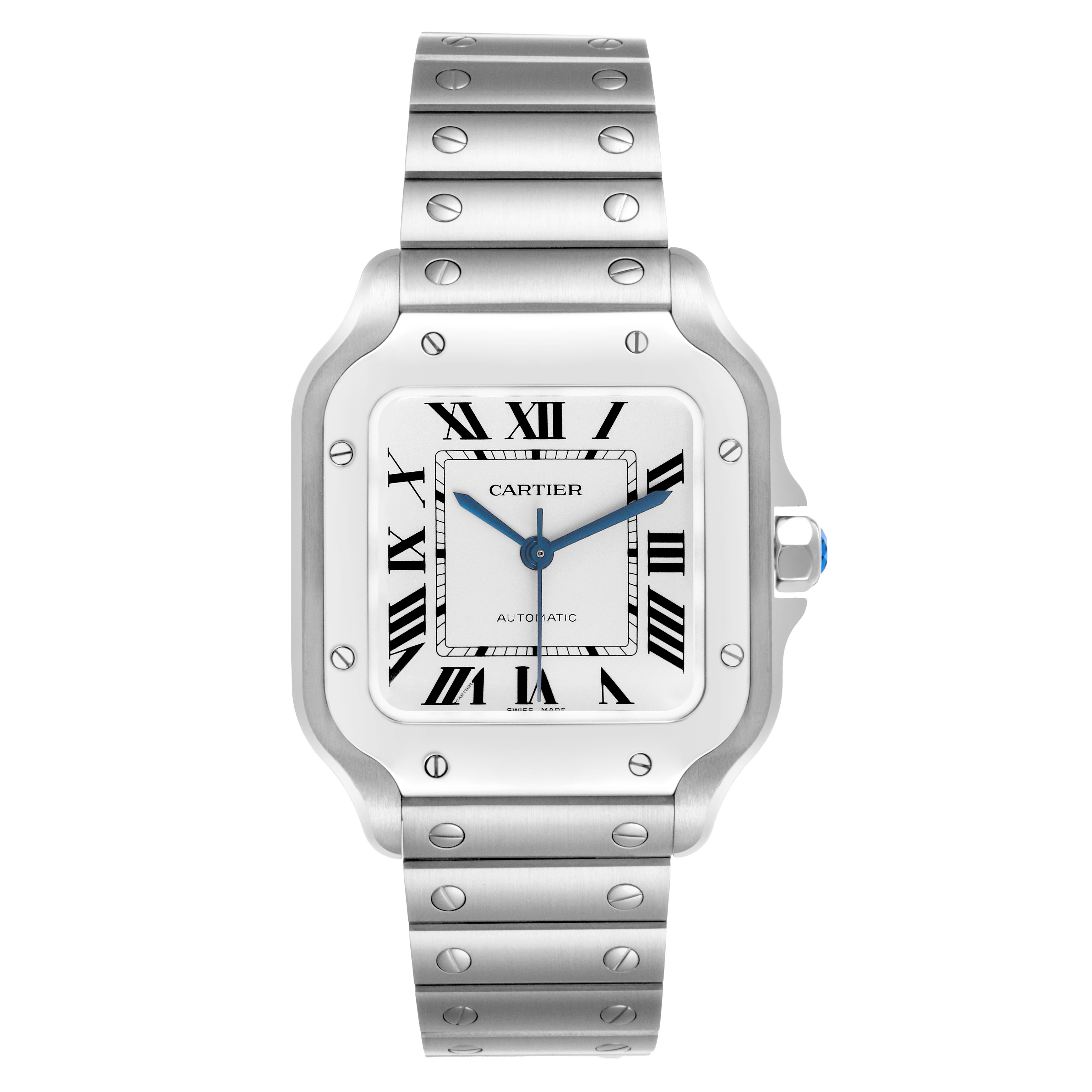 The Cartier Santos WSSA0029 Men's Stainless Steel Silver Dial watch is shown from the front, displaying the face, bezel, and bracelet with visible screws.