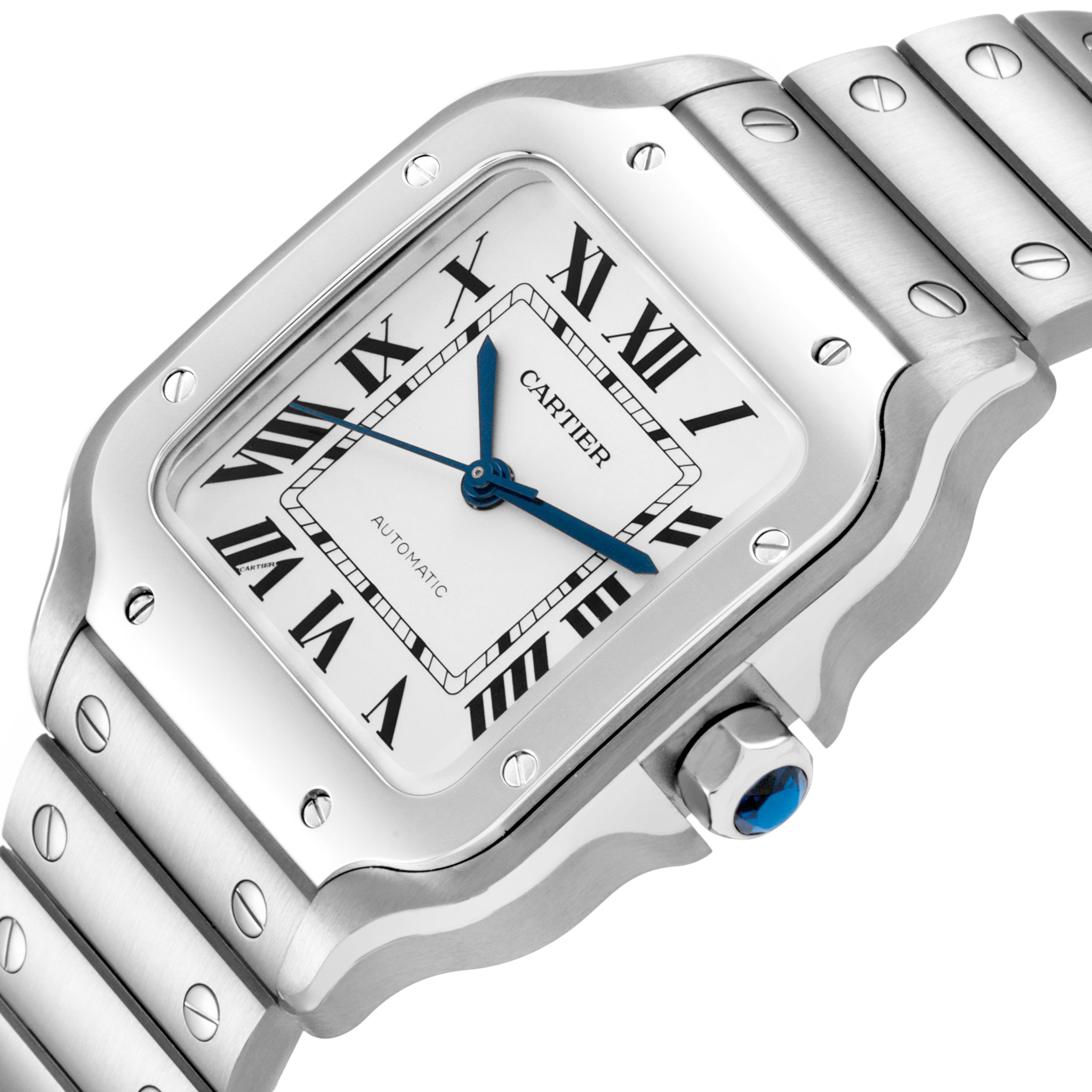The Cartier Santos WSSA0029 Men's Stainless Steel Silver Dial watch is shown from an angled close-up, highlighting its dial, bezel, and bracelet.