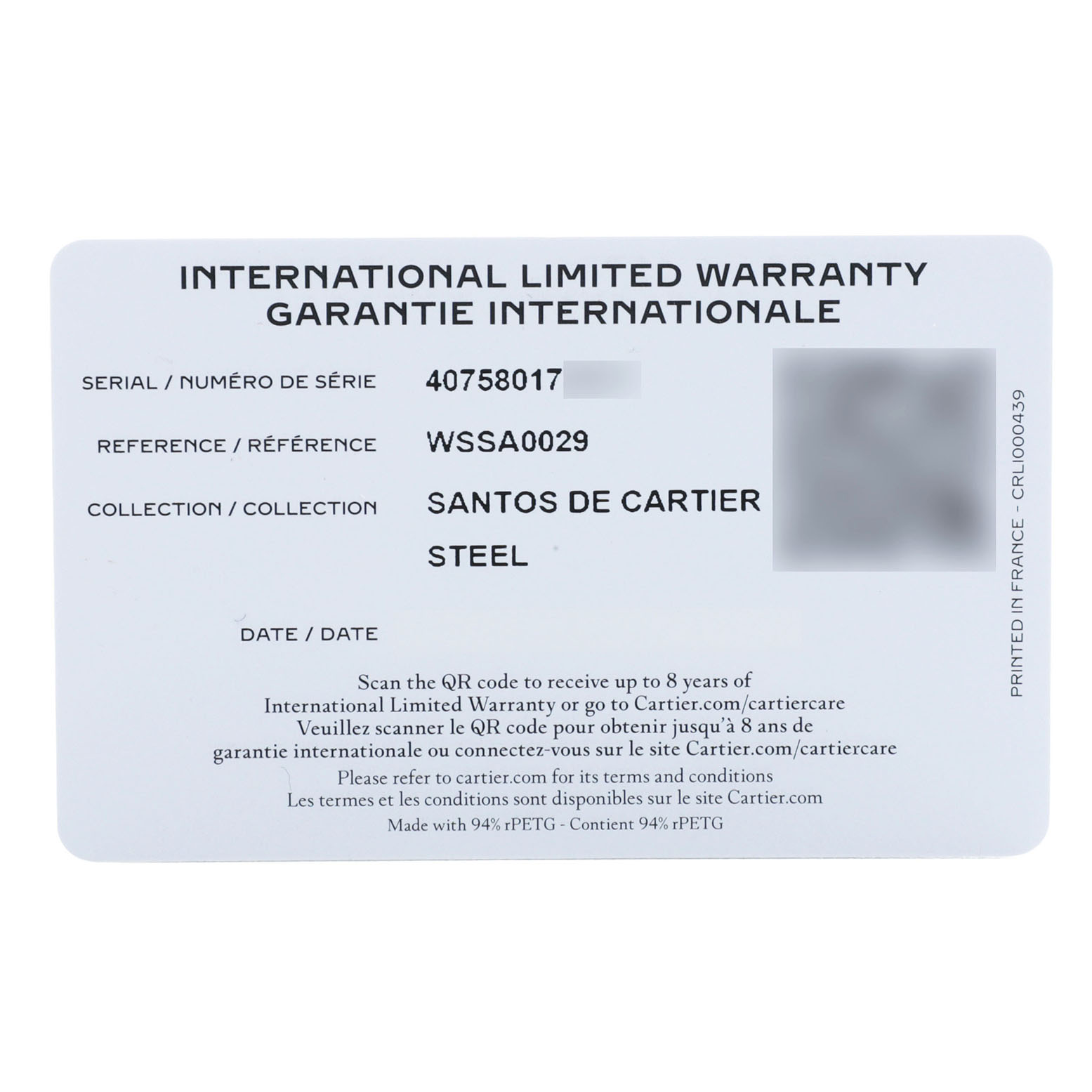The image shows an International Limited Warranty card for the Santos de Cartier watch.