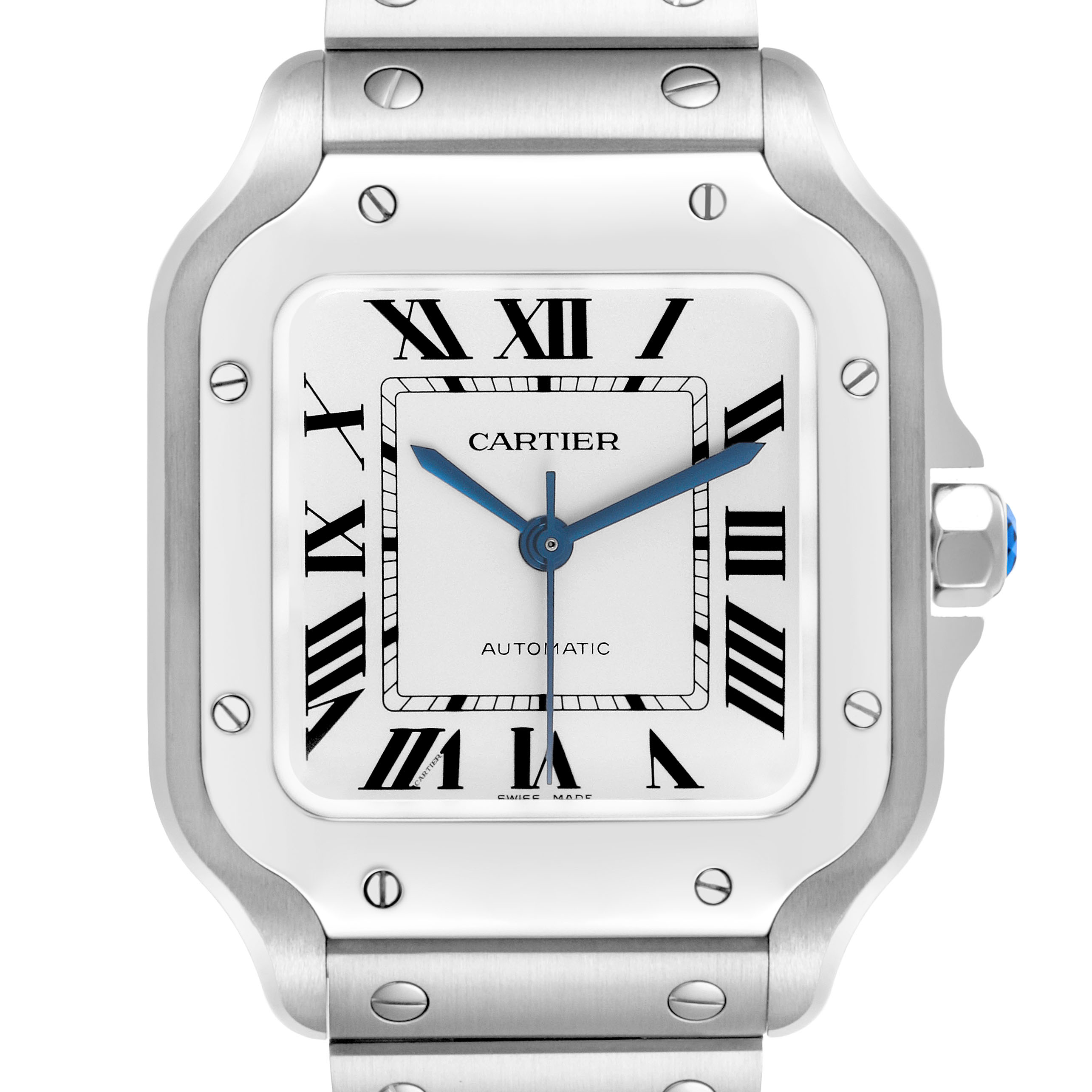 The Cartier Santos WSSA0029 Men's Stainless Steel Silver Dial watch is shown from a front angle, highlighting the face, bezel, and part of the bracelet.