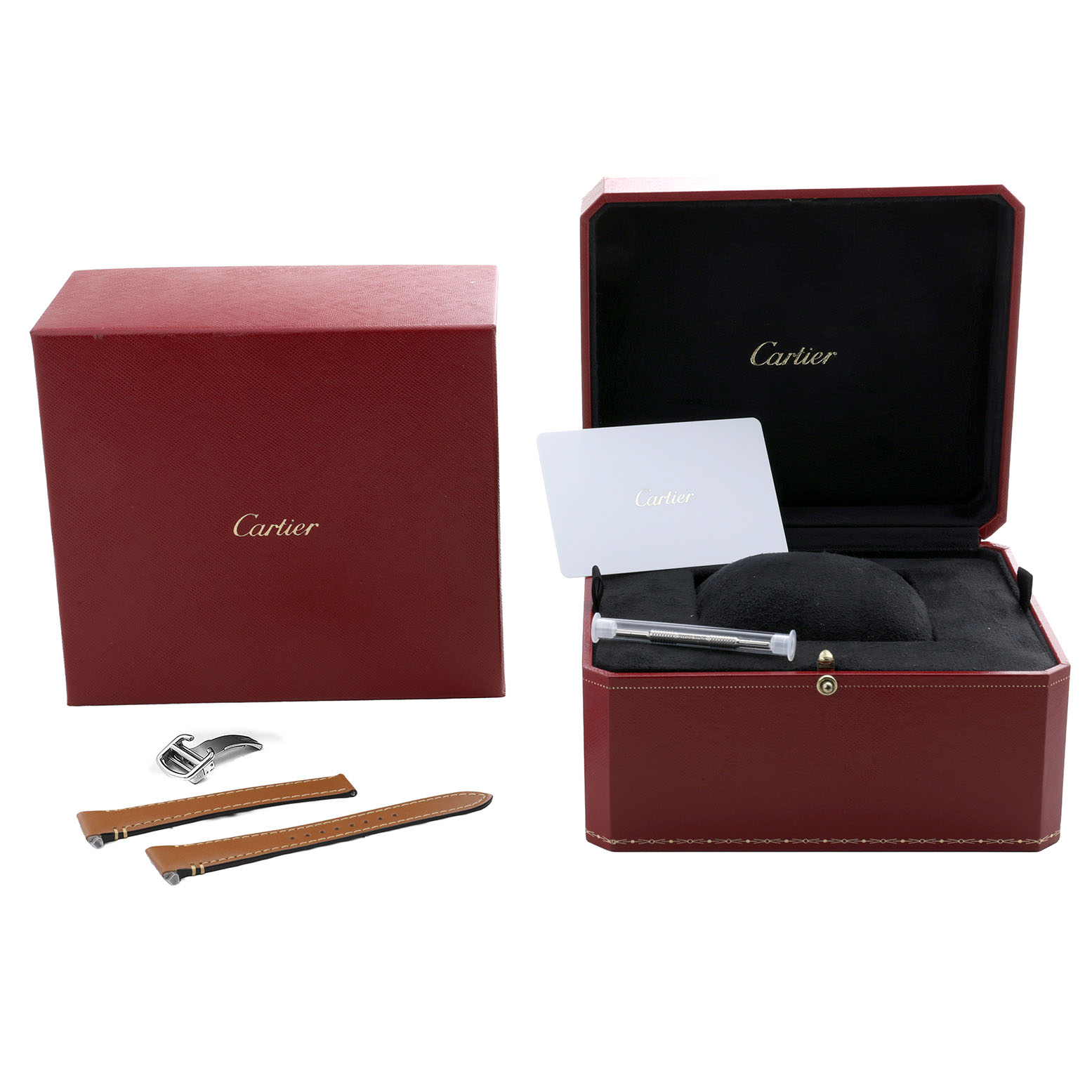 The image shows the Cartier Santos WSSA0029 Men's Stainless Steel Silver Dial watch packaging with brown straps, a tool, a clasp, and a red case.