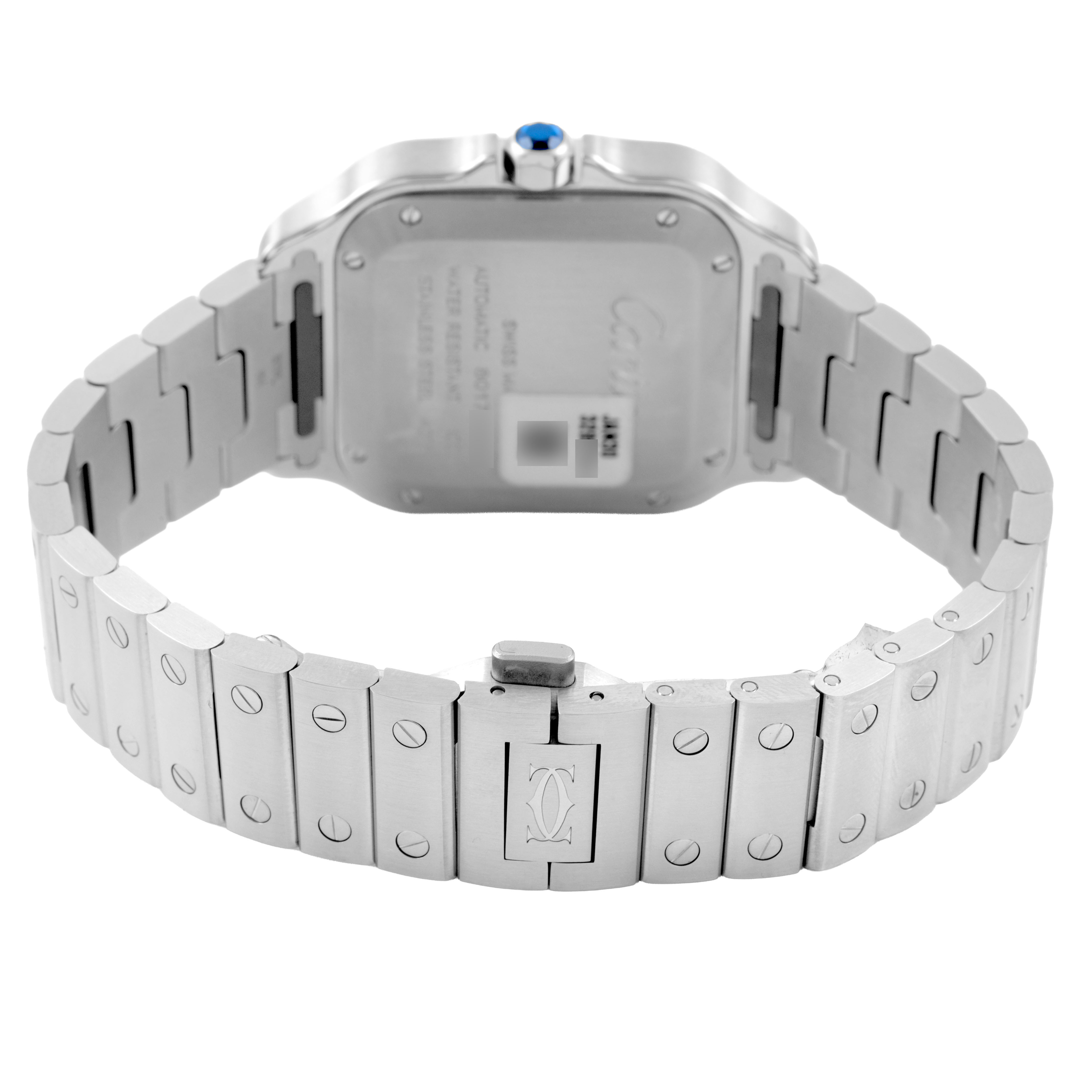 The image shows the back view of a Cartier Santos WSSA0029 Men's Stainless Steel Silver Dial watch, highlighting the bracelet and case back.