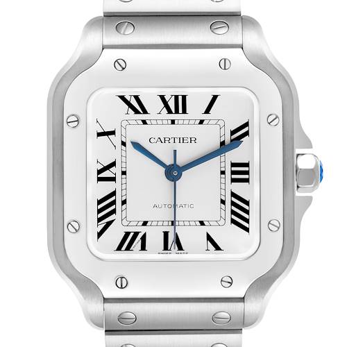 The image shows a front view of the Cartier Santos WSSA0029 Men's Stainless Steel Silver Dial watch, highlighting its face, Roman numerals, and bracelet.