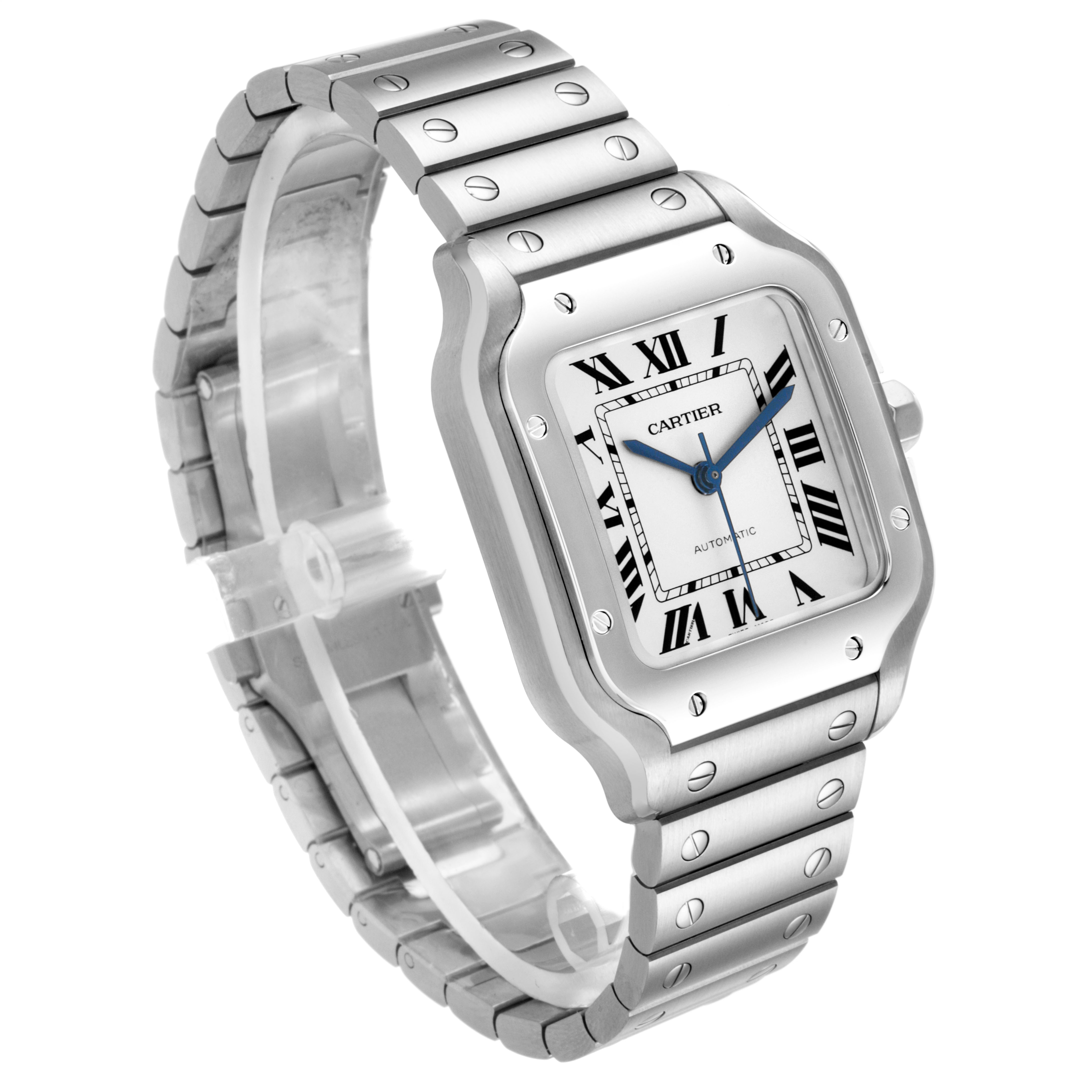 The Cartier Santos WSSA0029 Men's Stainless Steel Silver Dial watch is shown at an angled side view, displaying the face, bezel, and part of the metal bracelet.