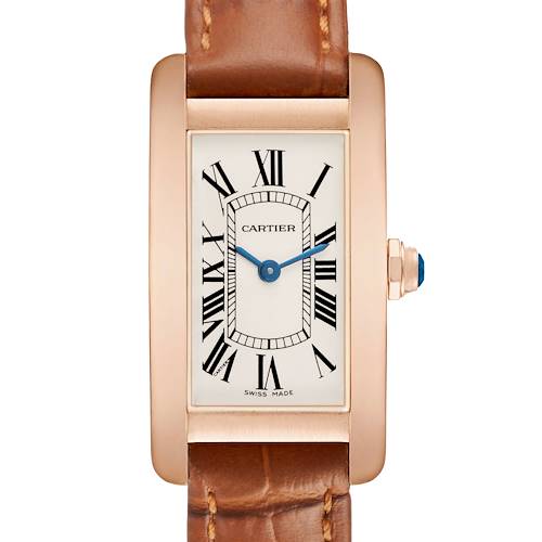 The Cartier Tank Américaine watch is shown from a front view, highlighting the rectangular face and leather strap.