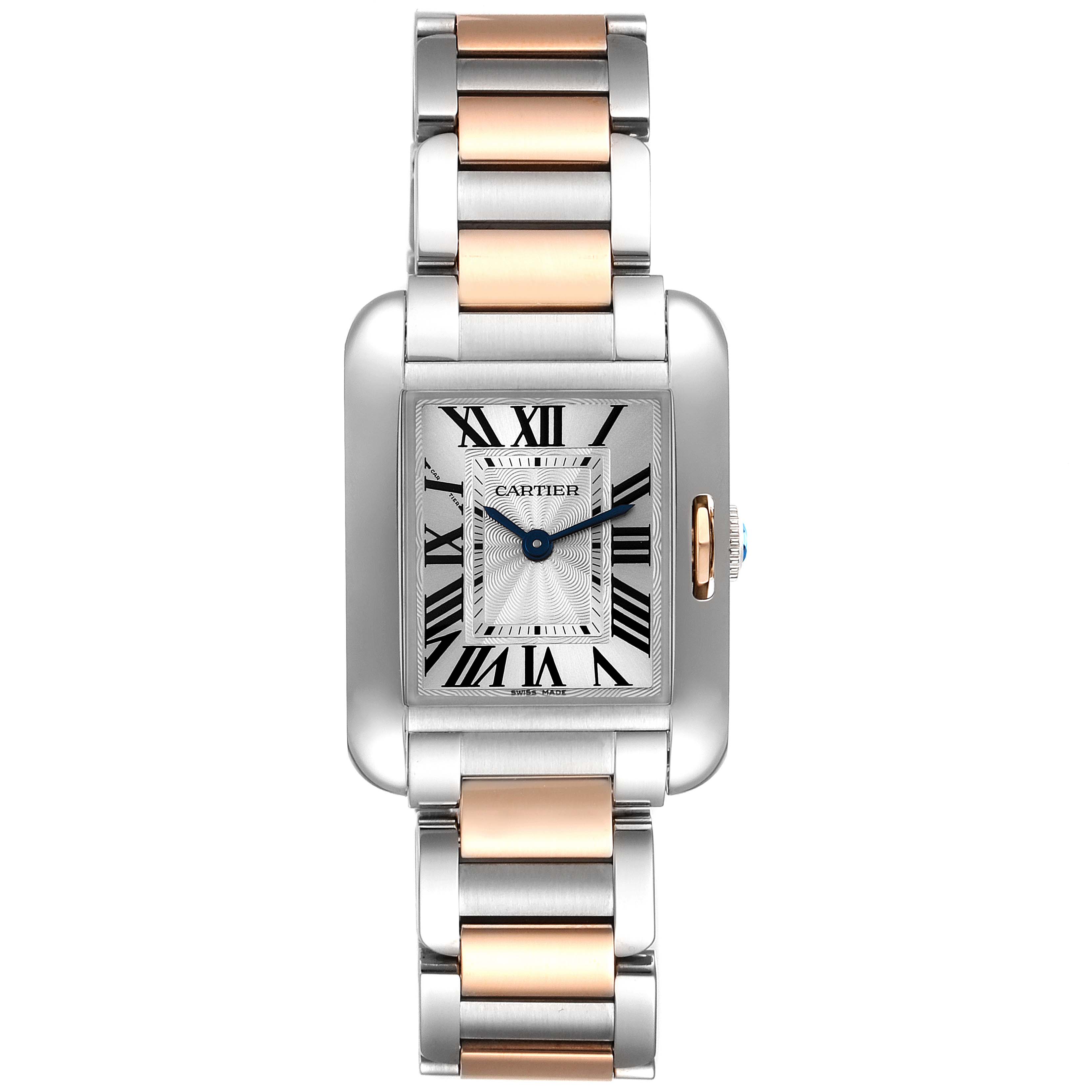 The image shows a front view of a Cartier Tank Anglaise W5310036 Women
s Steel and Gold (two tone) Silver Dial W5310036 Women
s Steel and Gold (two tone) Silver Dial watch, highlighting its face, case, and metal bracelet.