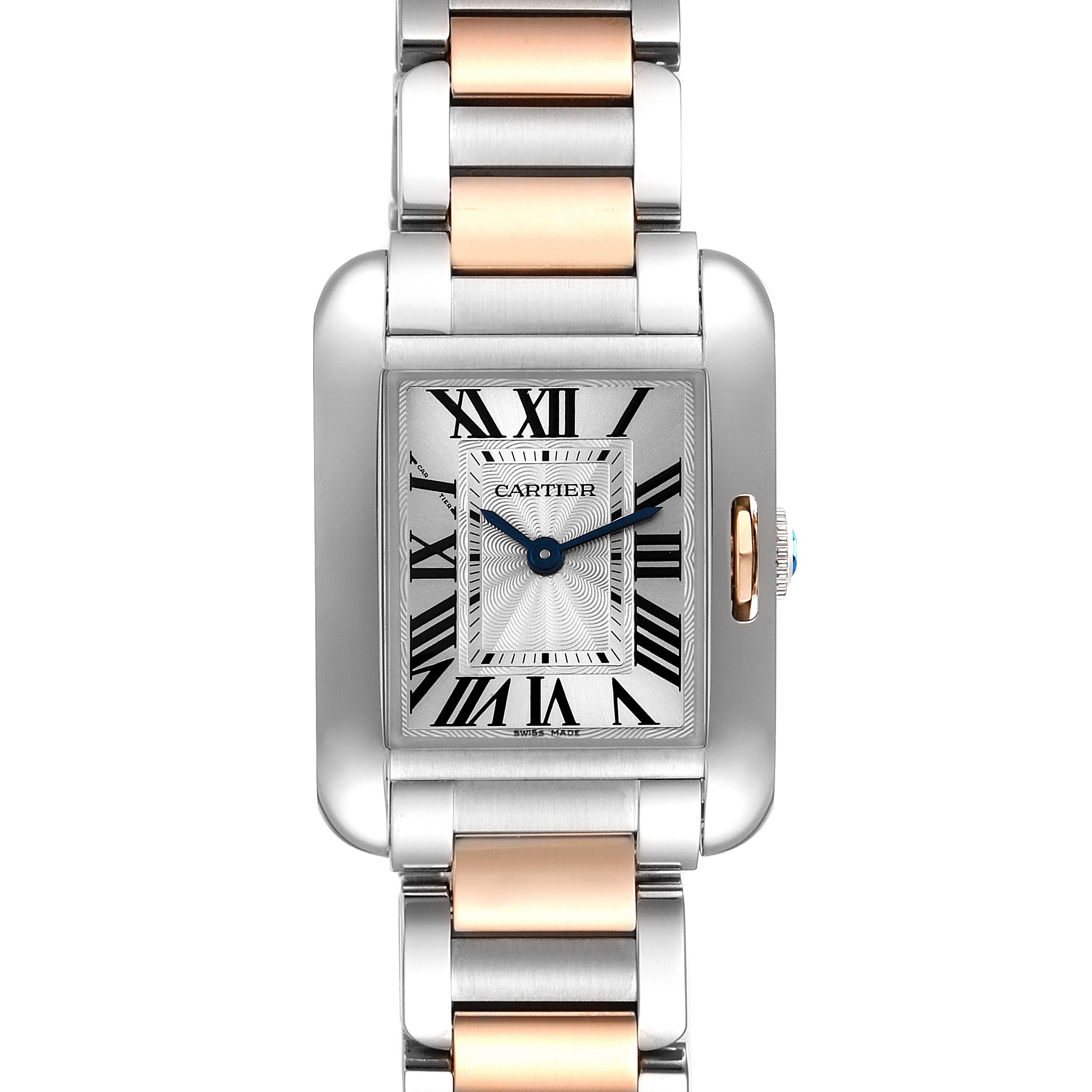 This image shows a front view of the Cartier Tank Anglaise W5310036 Women
s Steel and Gold (two tone) Silver Dial W5310036 Women
s Steel and Gold (two tone) Silver Dial watch, highlighting its dial, Roman numerals, and two-tone metal bracelet.