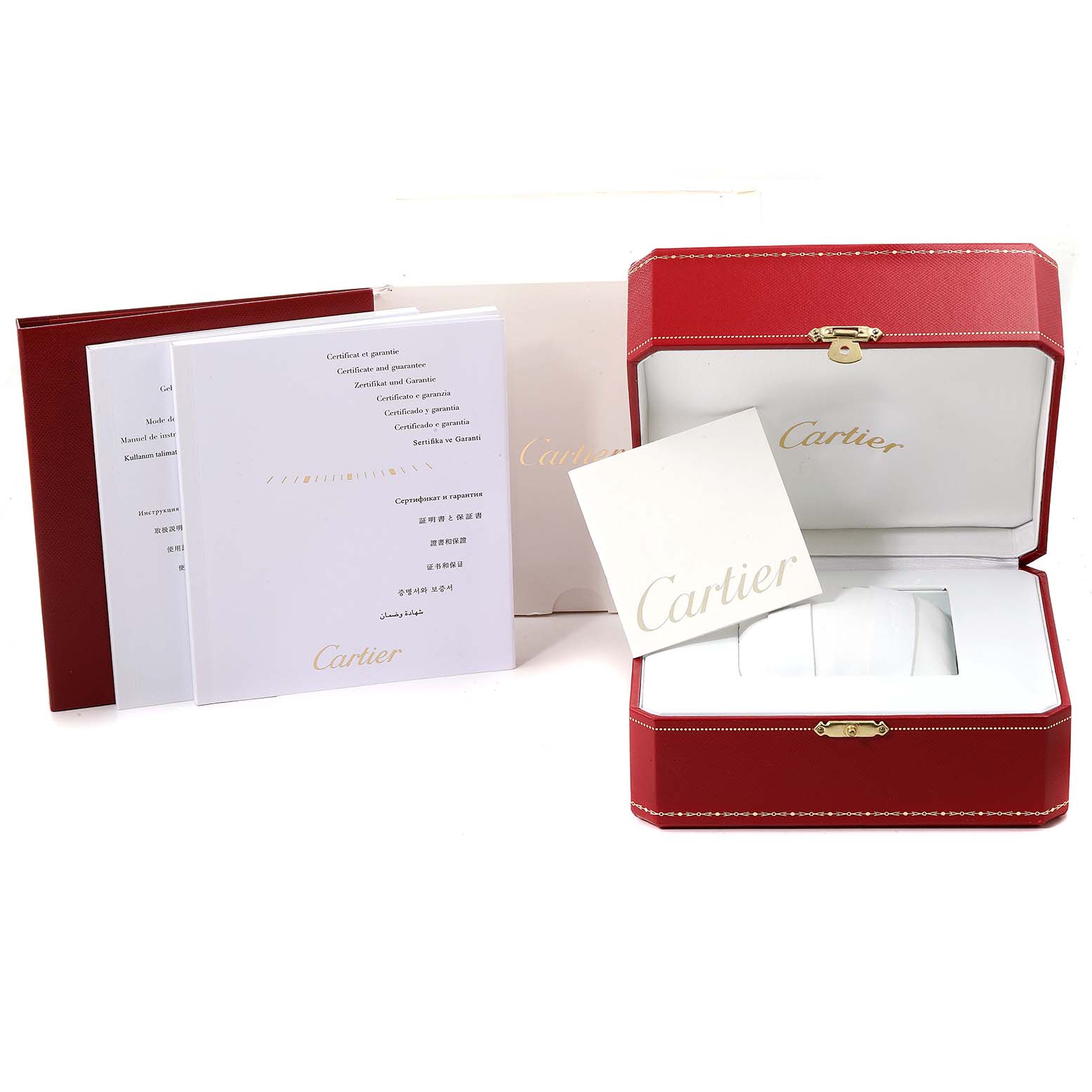 This image shows the packaging and documents for the Cartier Tank Anglaise W5310036 Women
s Steel and Gold (two tone) Silver Dial W5310036 Women
s Steel and Gold (two tone) Silver Dial watch model, including a red box and warranty papers.