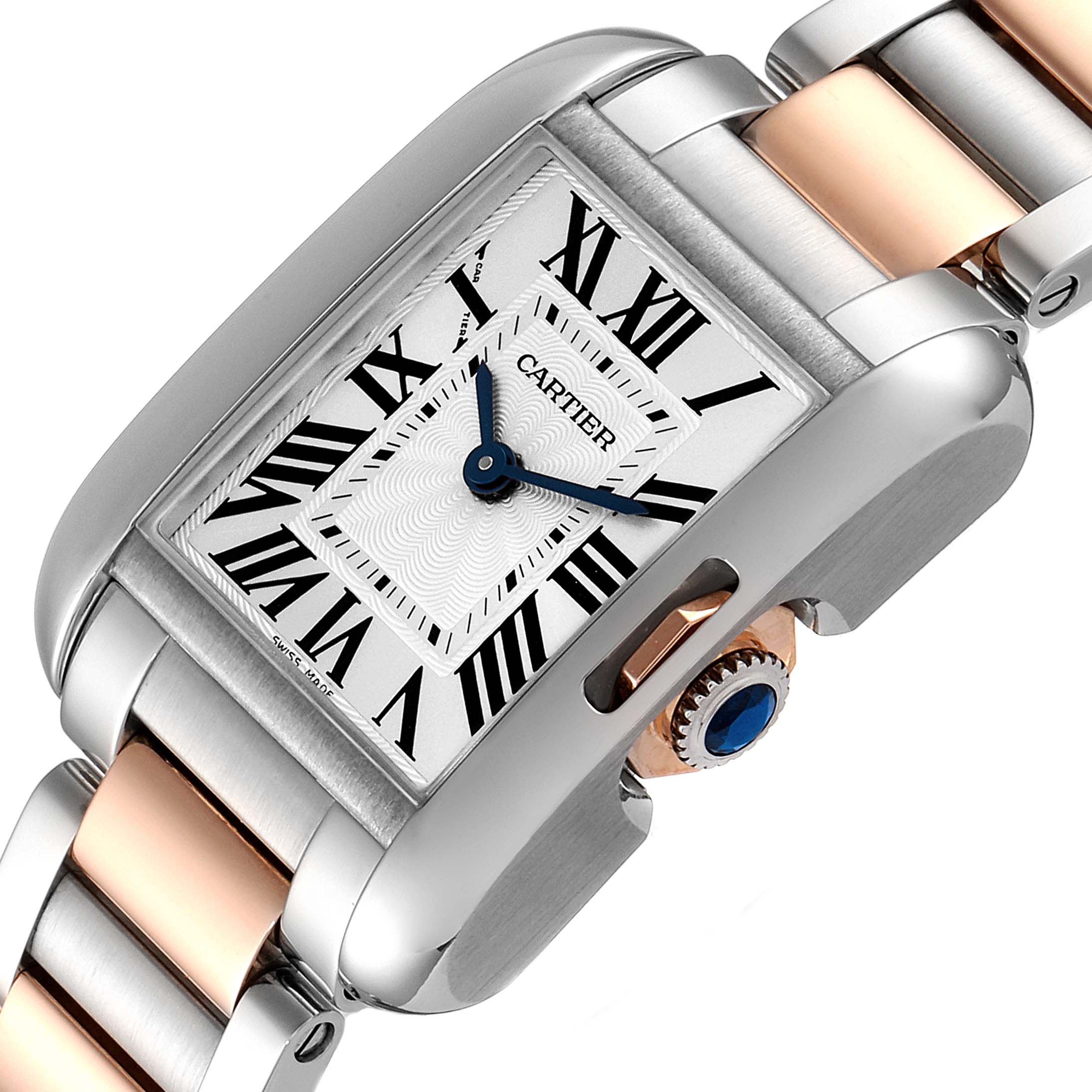 The image shows a close-up angle of the Cartier Tank Anglaise W5310036 Women
s Steel and Gold (two tone) Silver Dial W5310036 Women
s Steel and Gold (two tone) Silver Dial watch, highlighting its rectangular dial, crown, and two-tone bracelet.