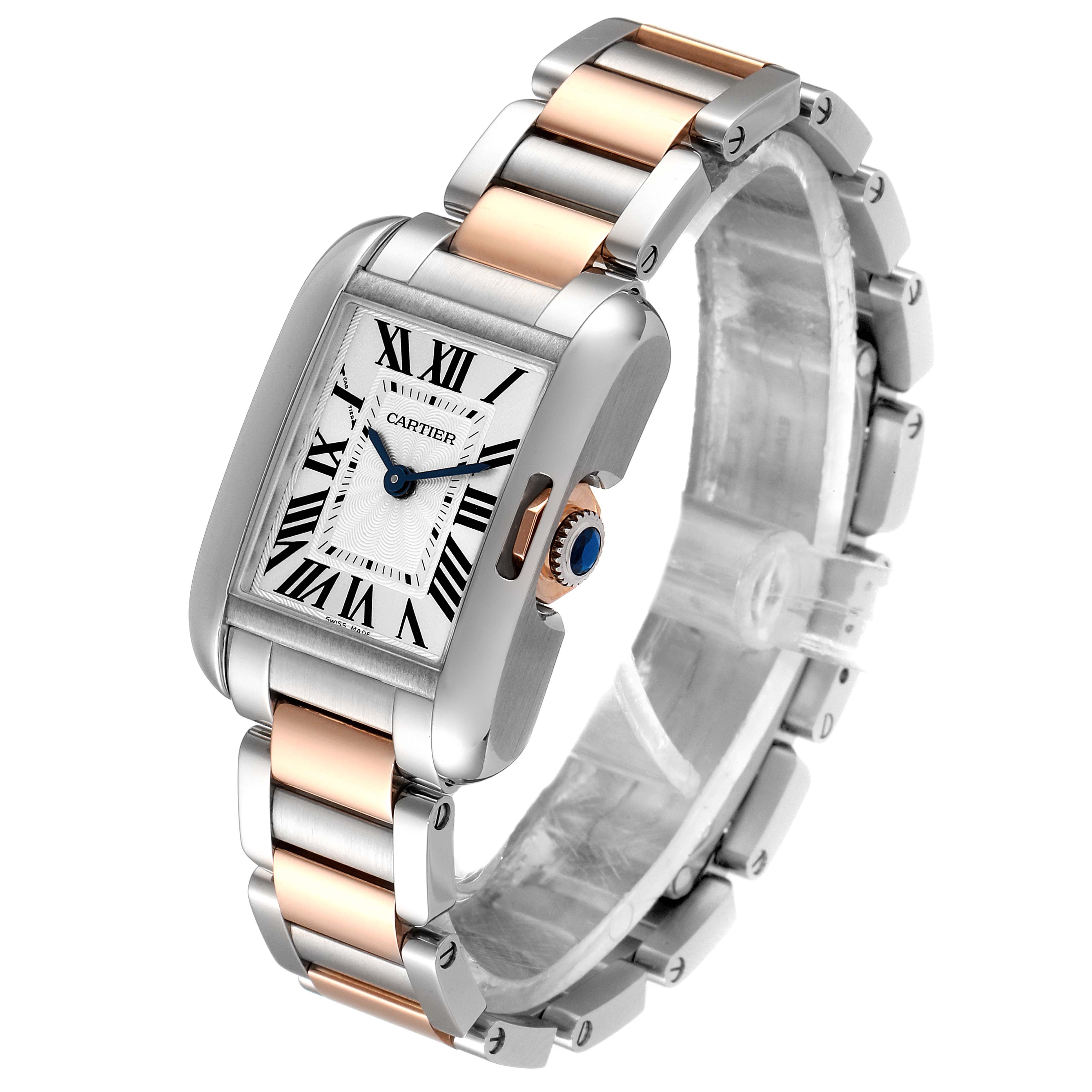 The image shows a Tank Anglaise model by Cartier from an angled view, highlighting the watch face, crown, and two-tone bracelet.