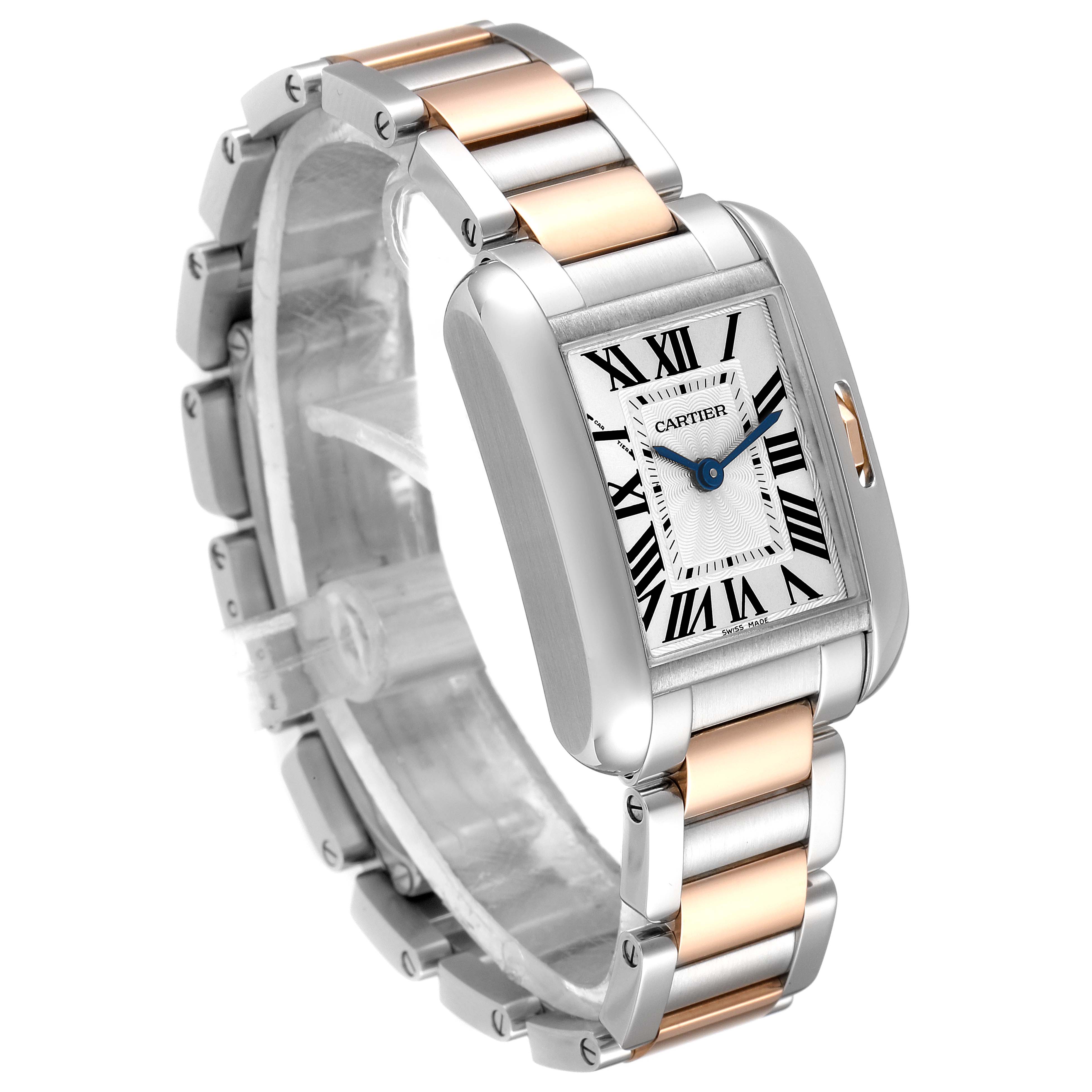 The image shows a Tank Anglaise watch by Cartier at an angle highlighting the face and part of the bracelet.