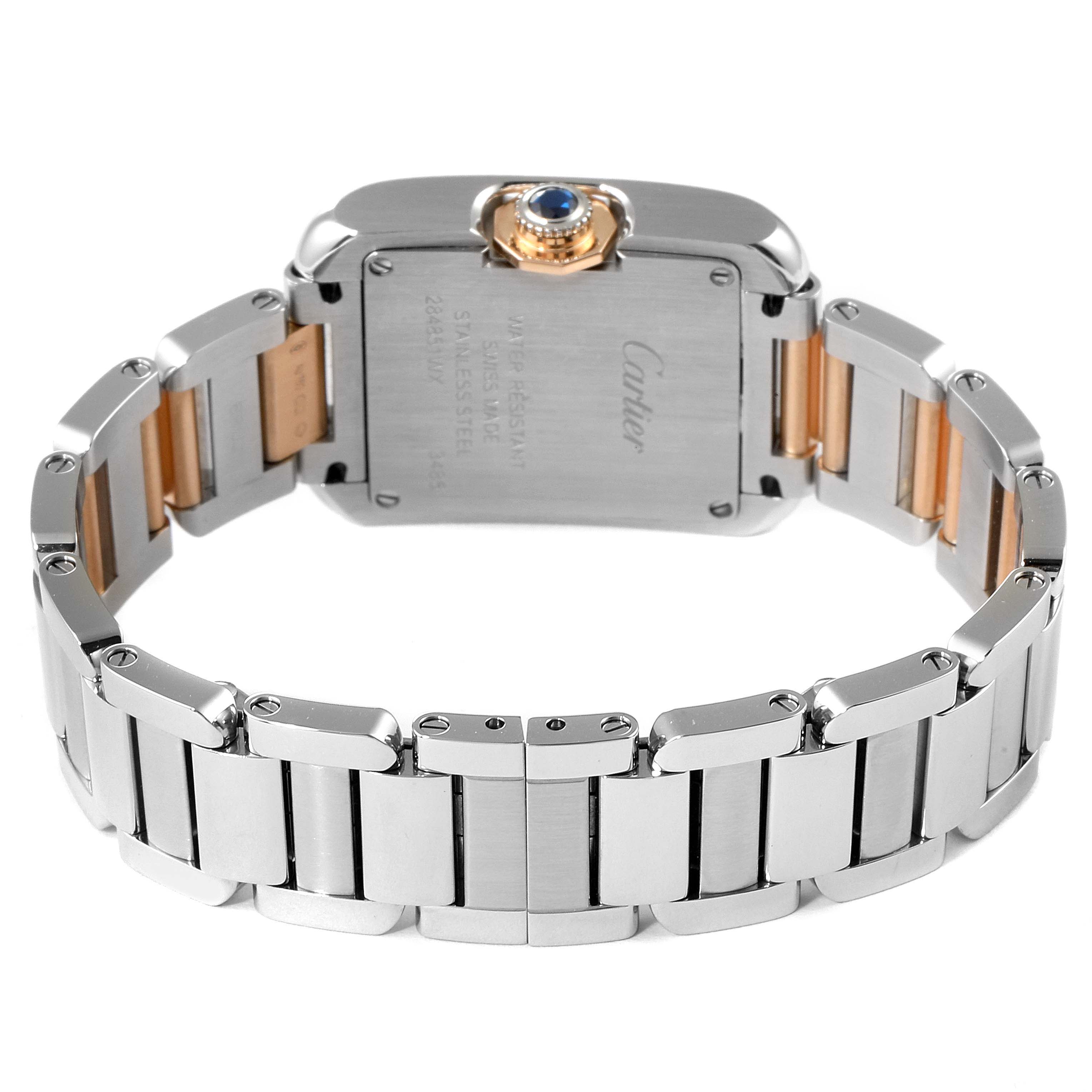 The image shows the back view of the Cartier Tank Anglaise W5310036 Women
s Steel and Gold (two tone) Silver Dial W5310036 Women
s Steel and Gold (two tone) Silver Dial watch, highlighting its bracelet and case back.