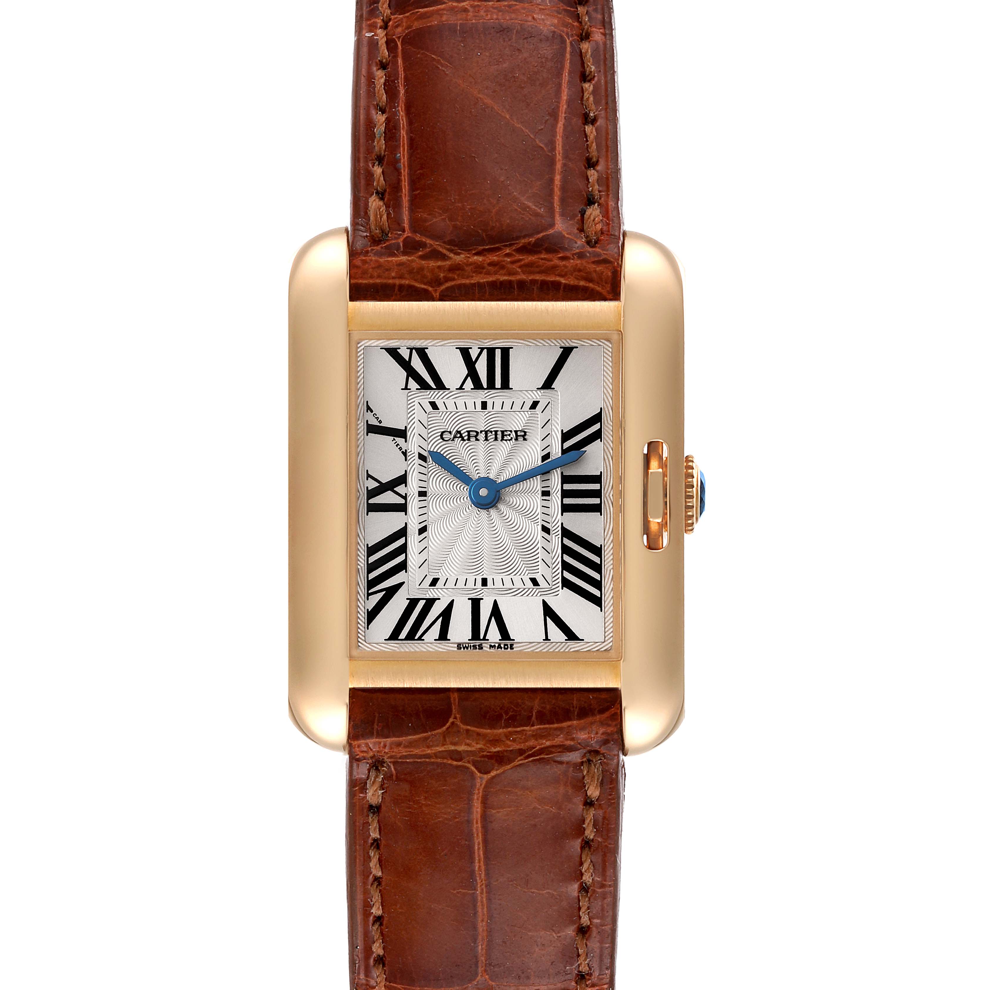 This is a frontal view of the Cartier Tank Anglaise W5310028 Women's Yellow Gold Silver Dial W5310028 Women's Yellow Gold Silver Dial watch, showcasing its dial, case, and leather strap.