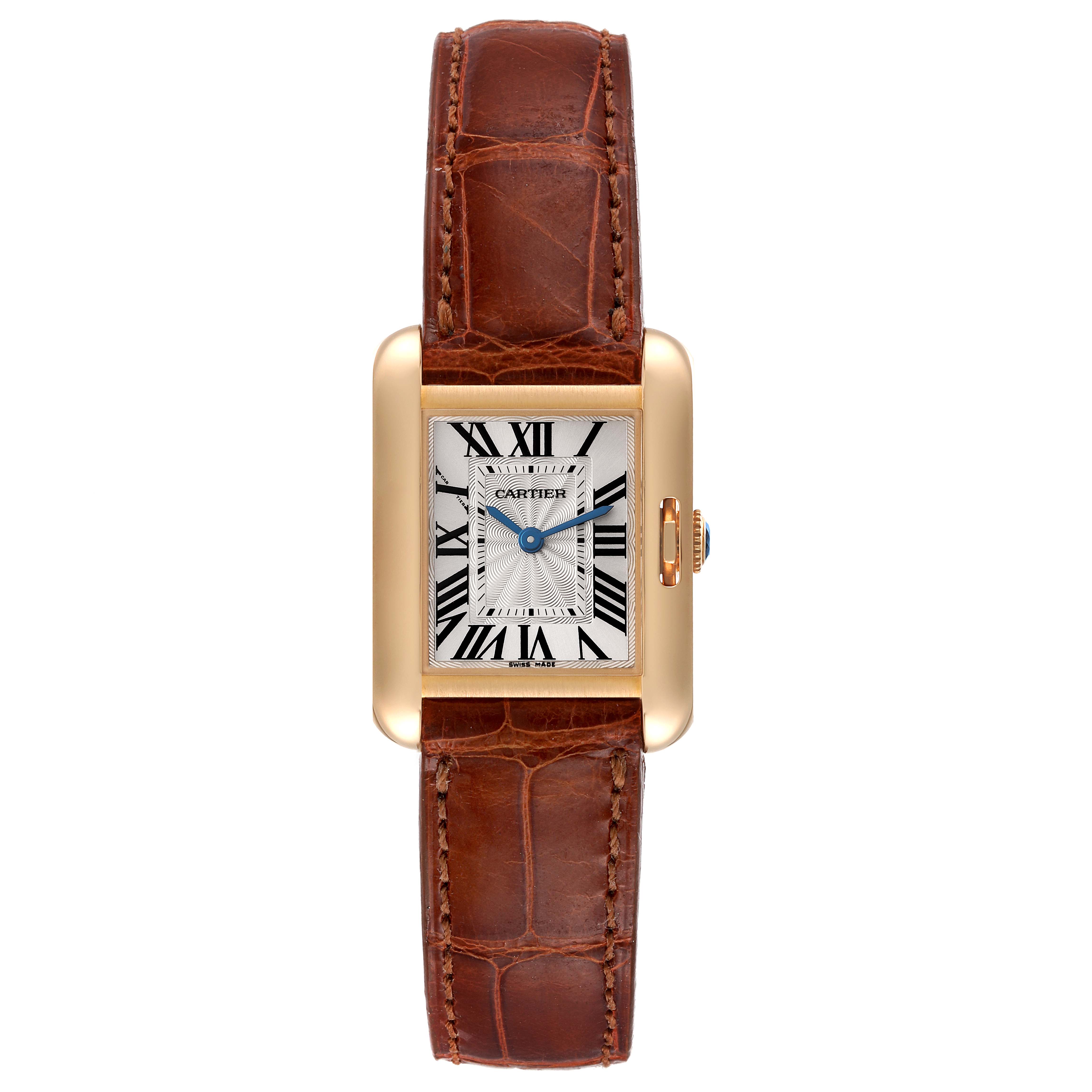 The image shows a front view of a Cartier Tank Anglaise W5310028 Women's Yellow Gold Silver Dial W5310028 Women's Yellow Gold Silver Dial watch with a brown leather strap.