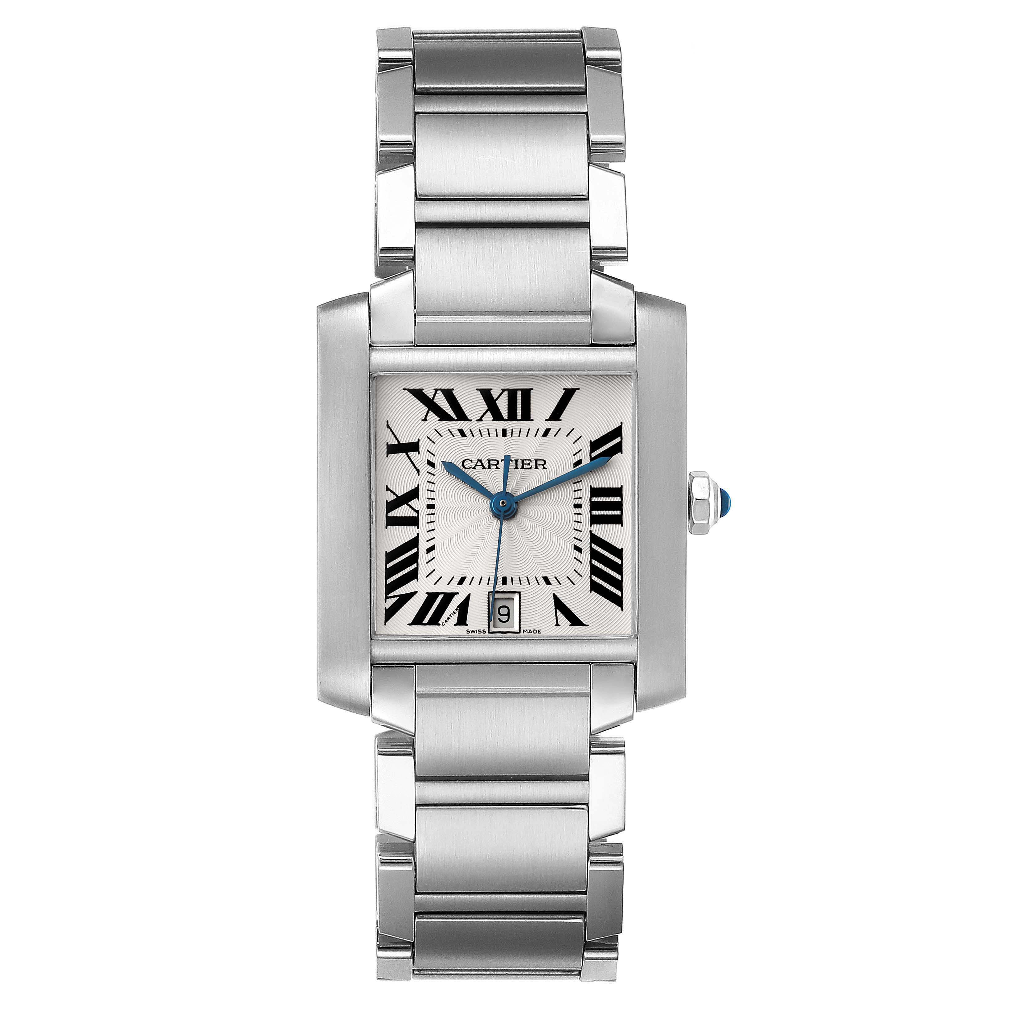 The image shows a front view of the Cartier Tank Francaise W51002Q3 Men's Stainless Steel Silver Dial W51002Q3 Men's Stainless Steel Silver Dial watch, highlighting its face, bracelet, and crown.