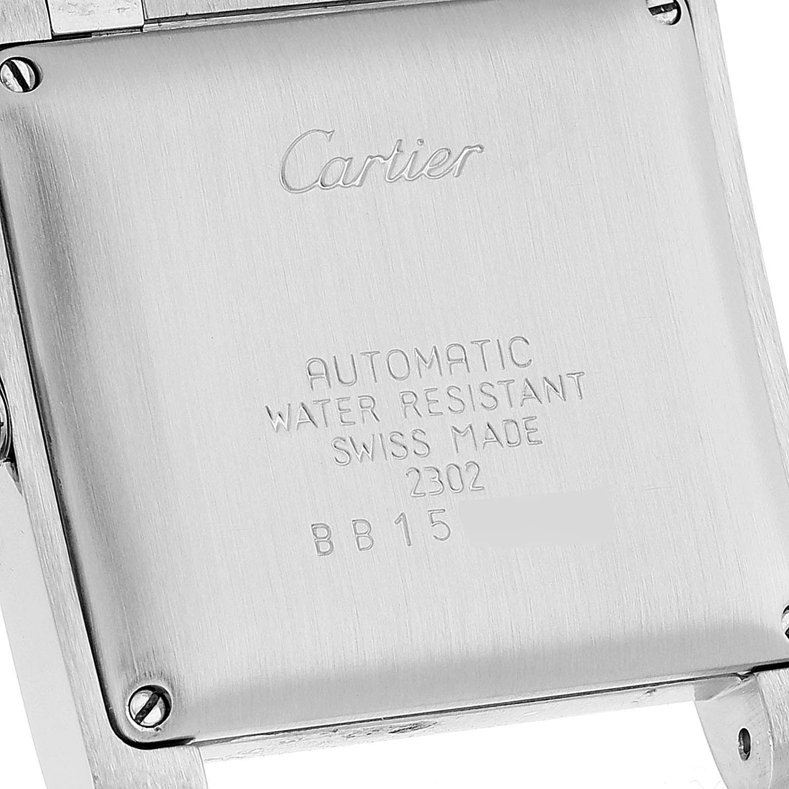 This image shows the backside of the Cartier Tank Francaise W51002Q3 Men's Stainless Steel Silver Dial W51002Q3 Men's Stainless Steel Silver Dial watch, highlighting engravings and screws.