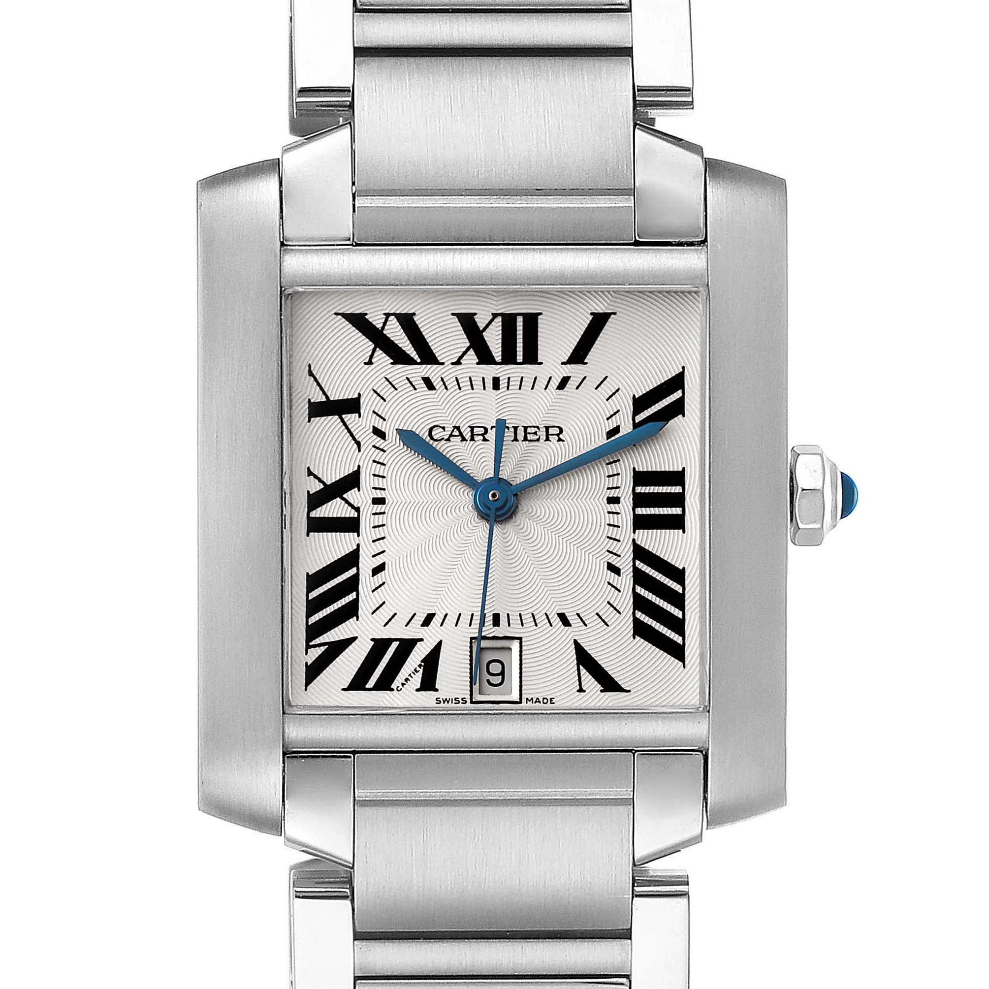 The image shows a front view of the Cartier Tank Francaise W51002Q3 Men's Stainless Steel Silver Dial W51002Q3 Men's Stainless Steel Silver Dial watch, highlighting its rectangular face, Roman numerals, and bracelet.